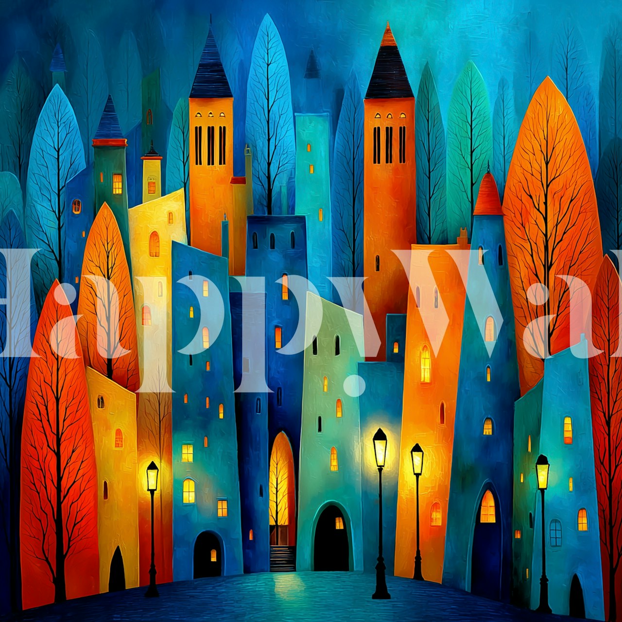 Colorful forest with blue buildings, orange rooftops, and tall trees in an urban setting wallpaper