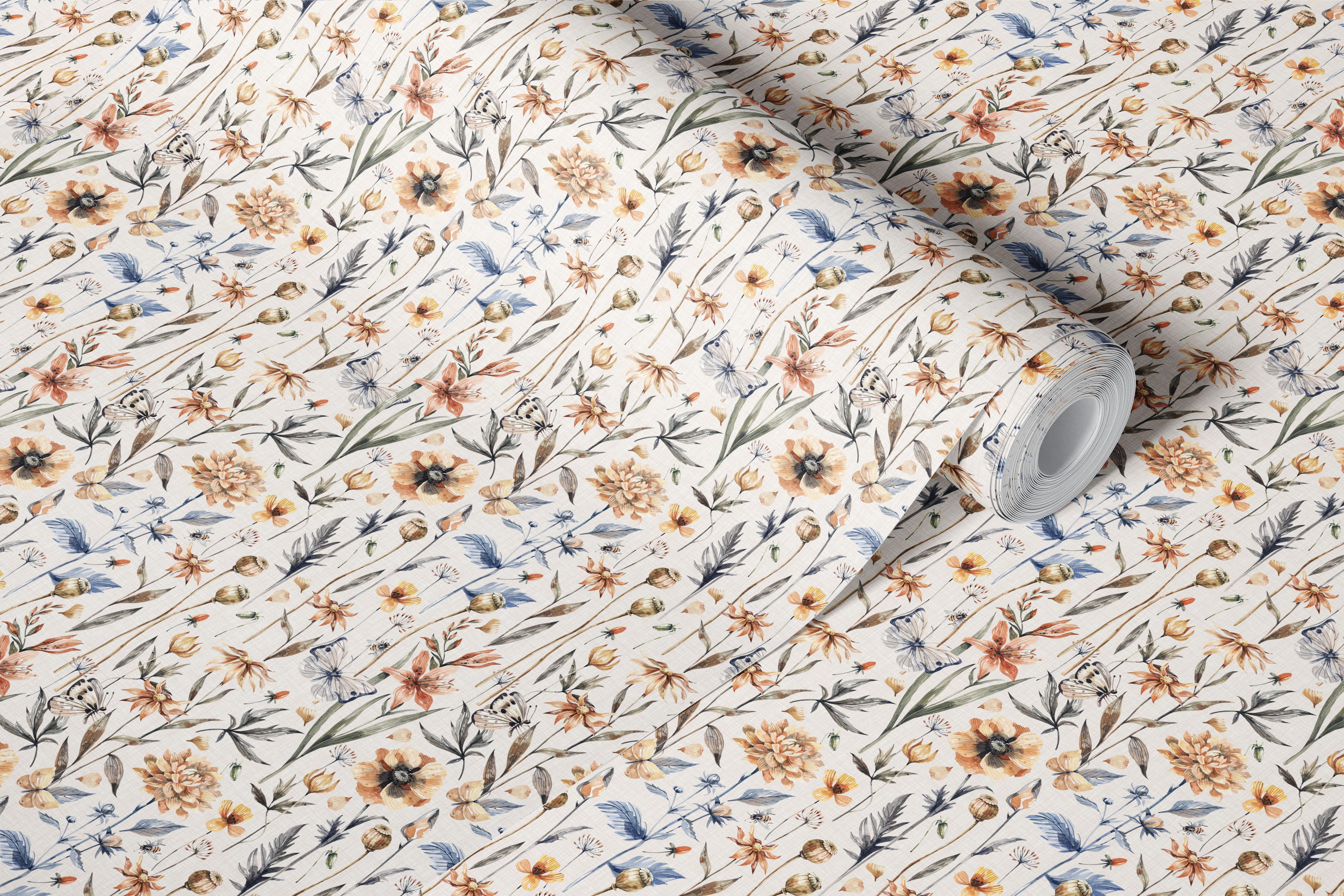 Watercolor floral pattern featuring orange, blue, and beige flowers on a cream background wallpaper