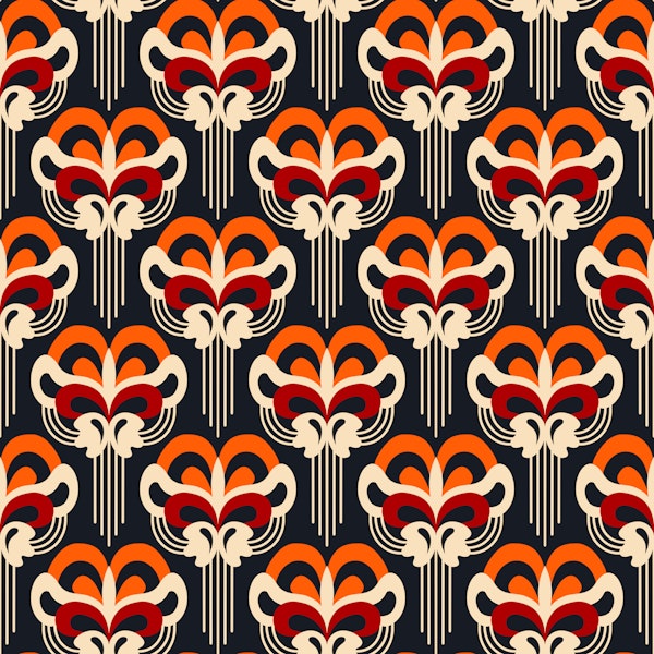 Retro ornate abstract blossoms red orange