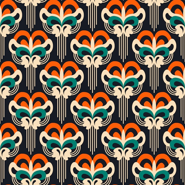 Retro ornate abstract blossoms orange teal