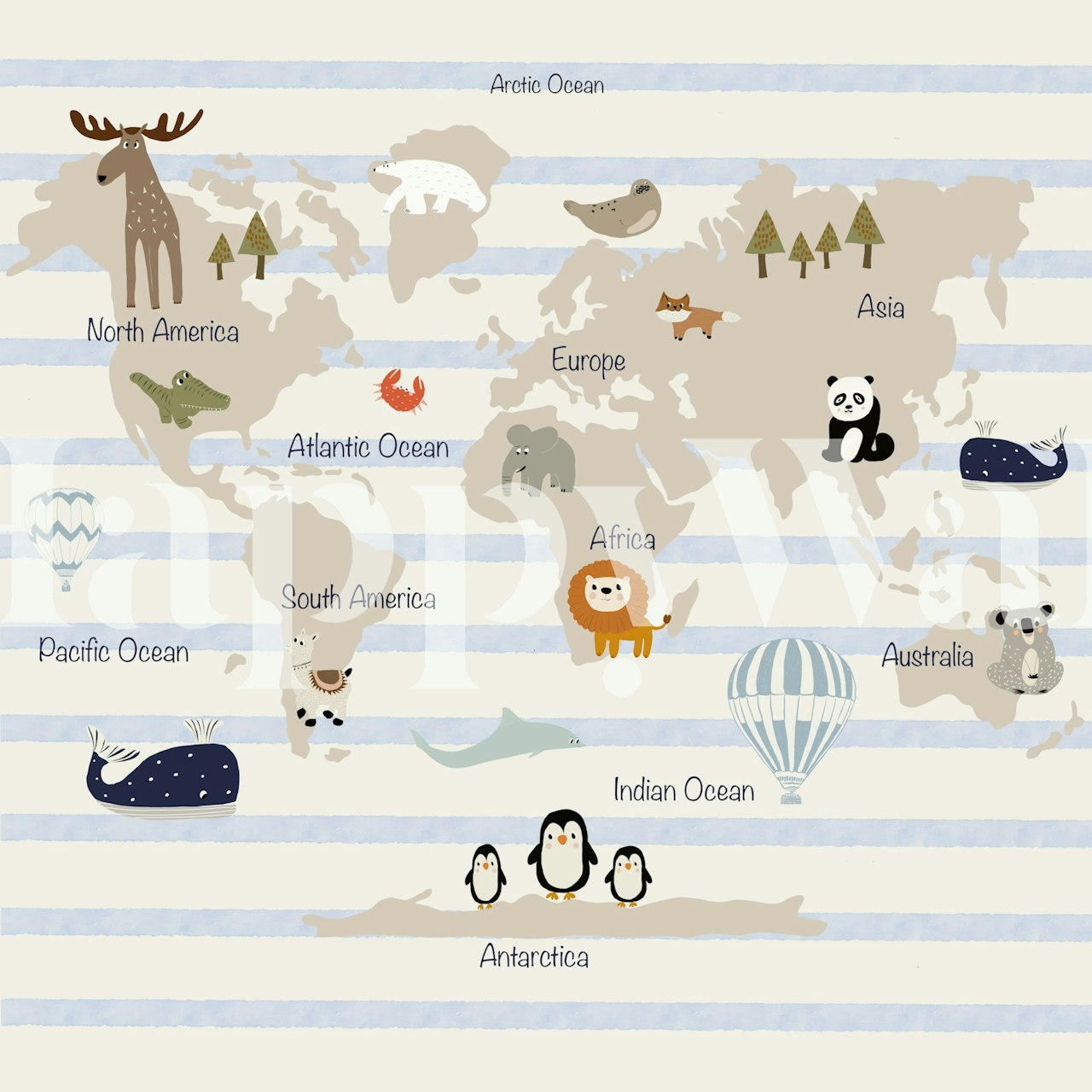 Striped World Animal Map tapet för barnrum
