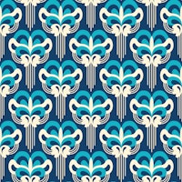 Retro ornate abstract blossoms blue white behang