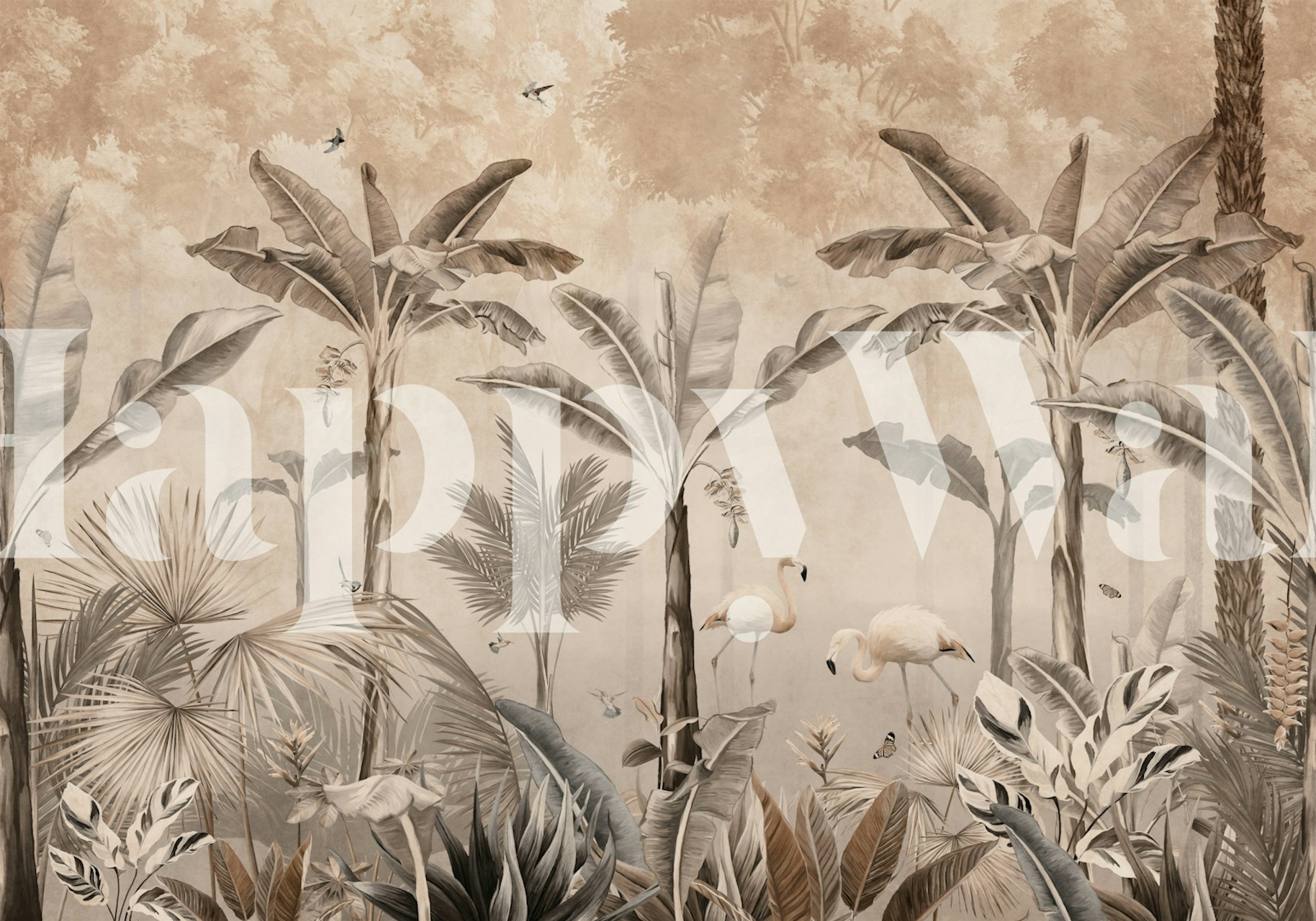 Botanical wallpaper with flamingos and tropical plants