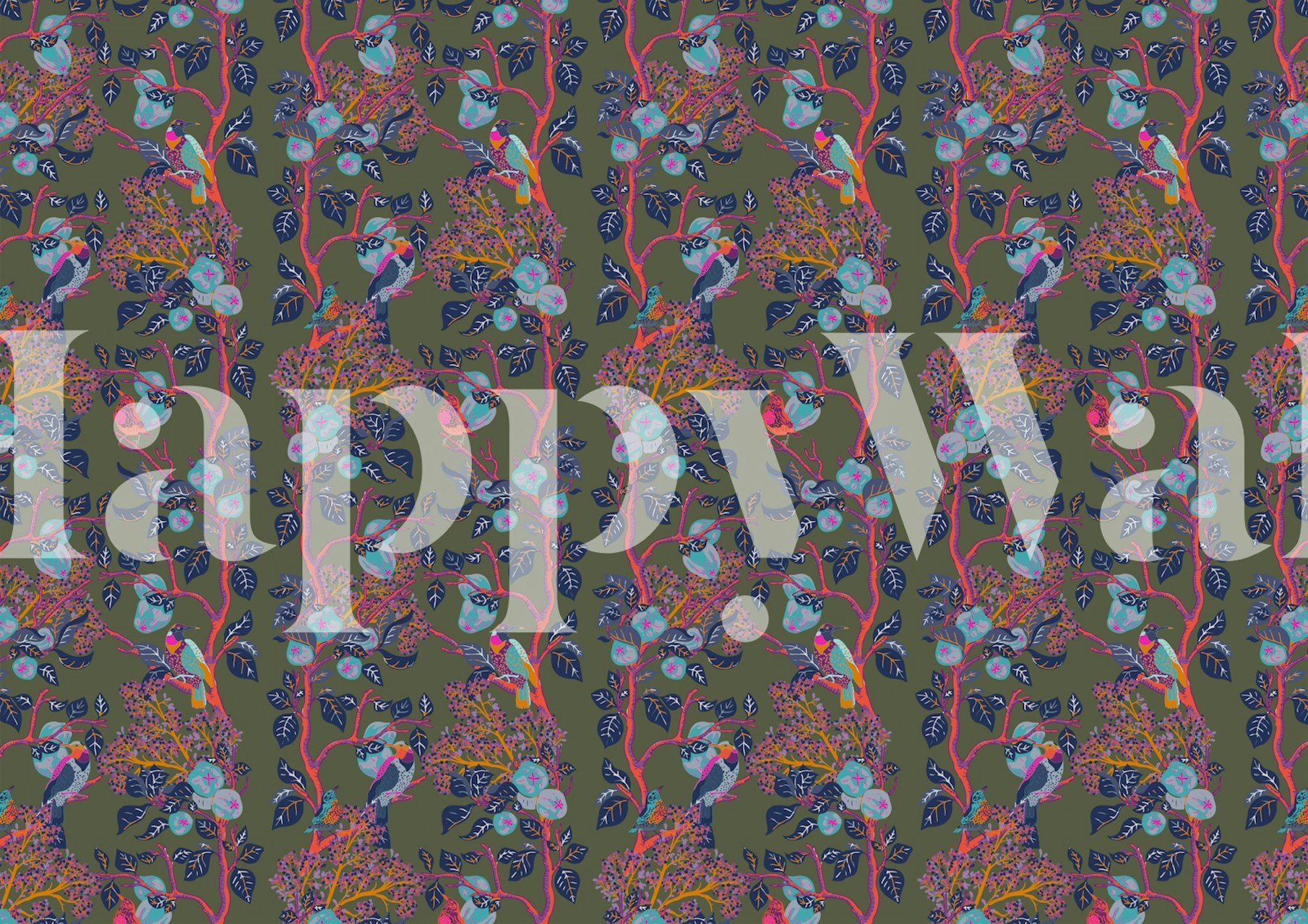 Woodpeckers and Quinces v designu tapety v tmavě zelené místnosti