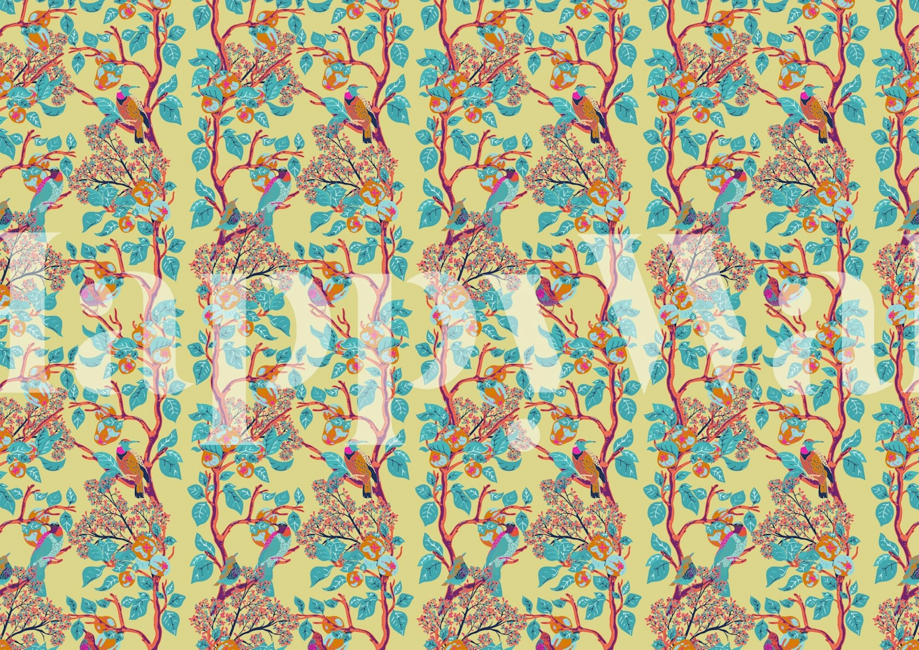 Woodpeckers and quinces wallpaper v místnosti