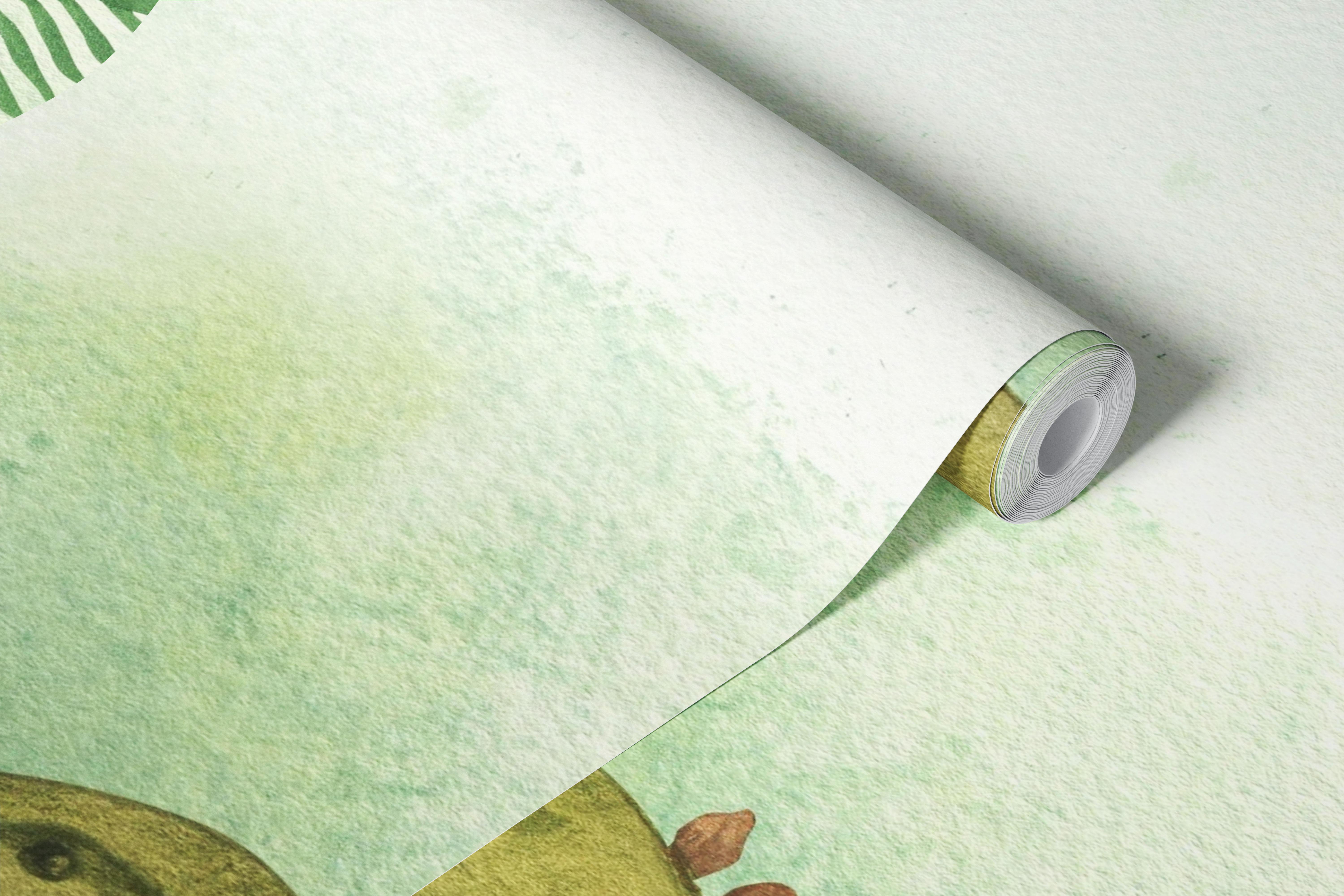 Two dinosaurs among lush greenery and tropical leaves wallpaper