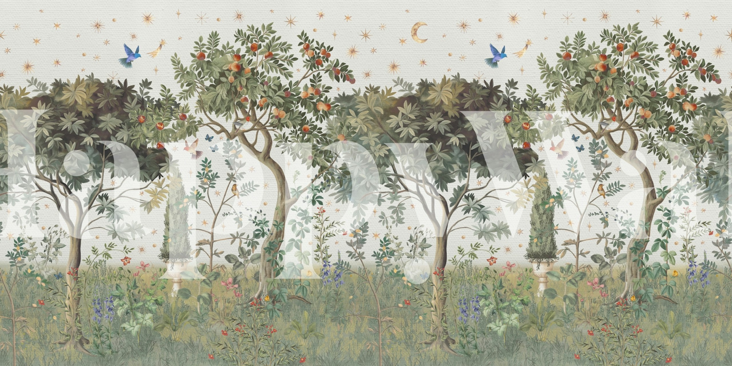 Lush trees with flowers and stars in a delicate style wallpaper