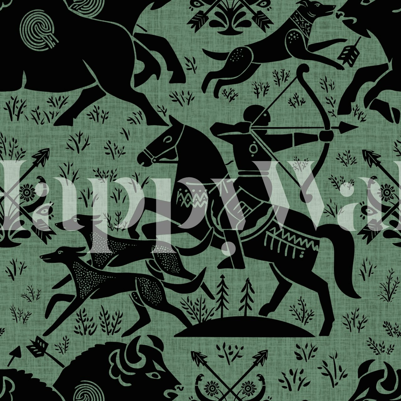 Equestrian hunting scene wallpaper in a room