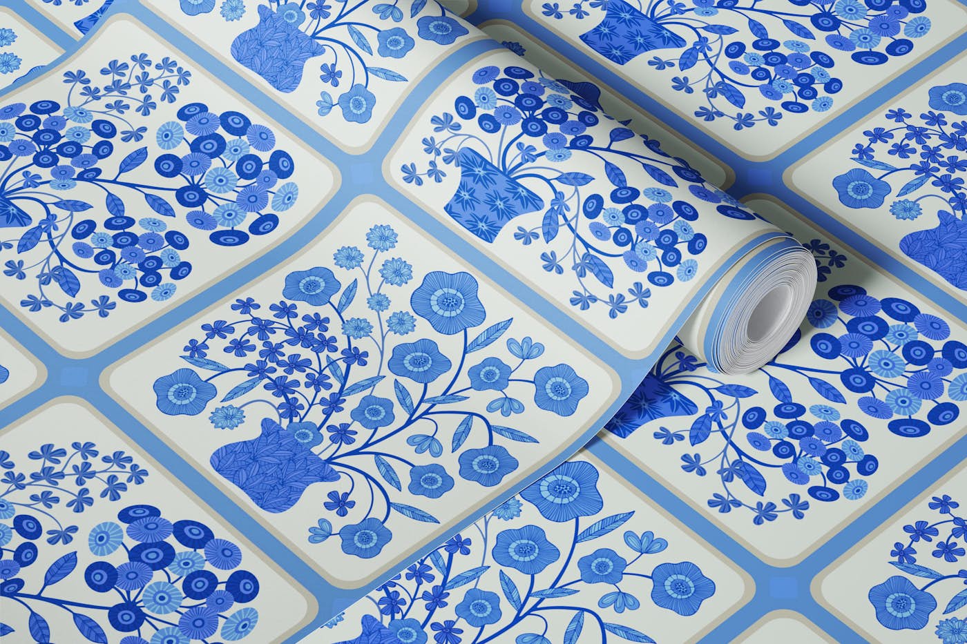 Flower Bouquet Tiles Floral Light Delft Blue wallpaper roll