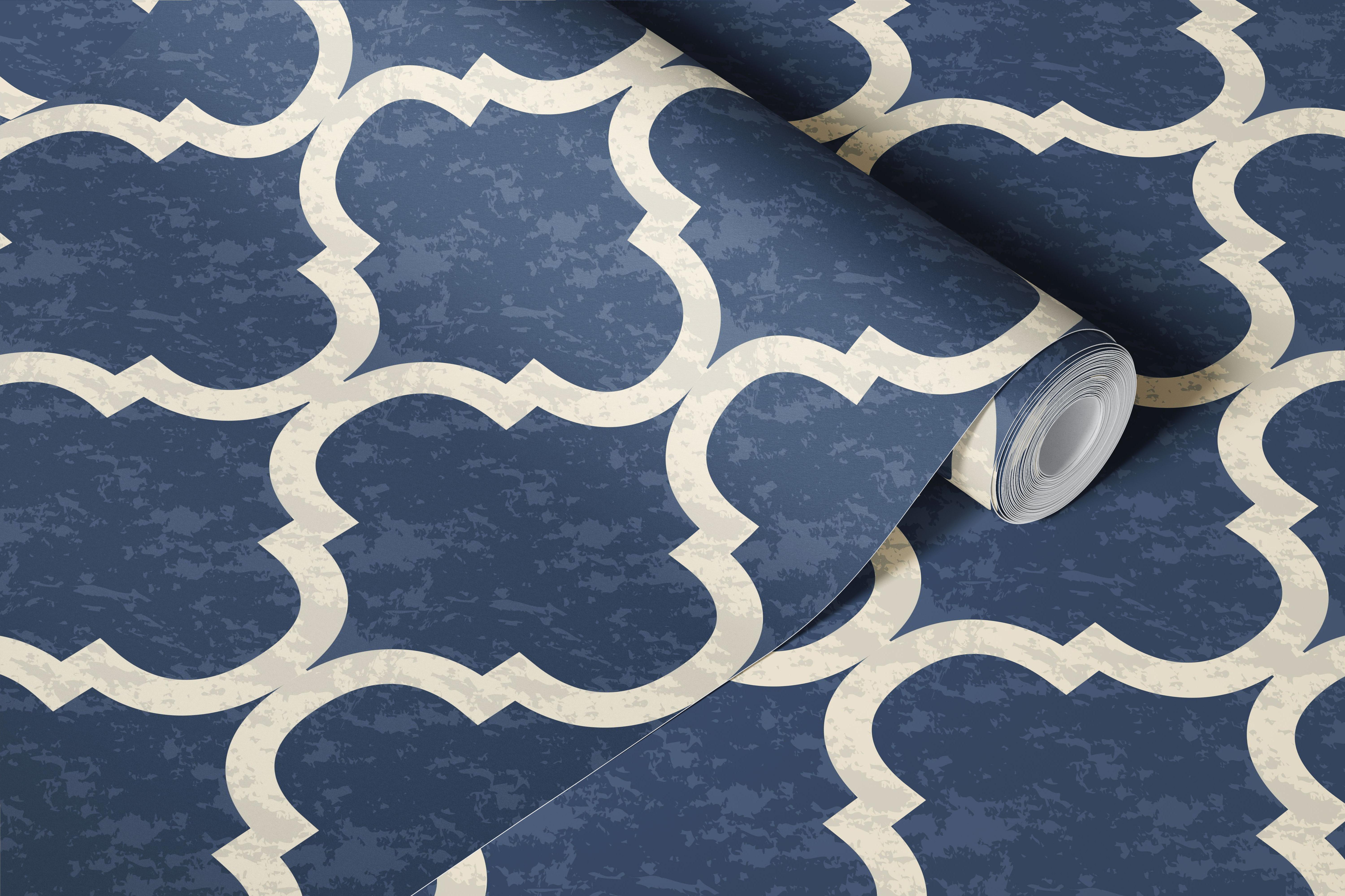 Twilight blue and cream geometric Moroccan ogee wallpaper