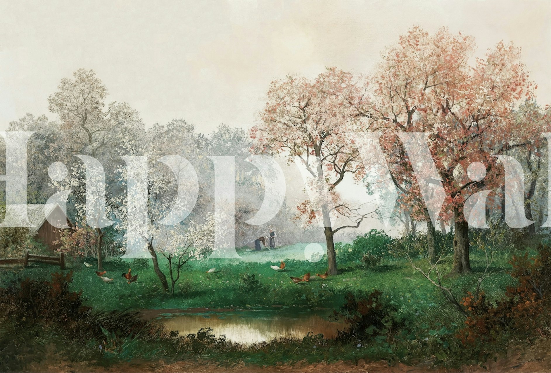 Storybook cottage among blossoming trees wallpaper