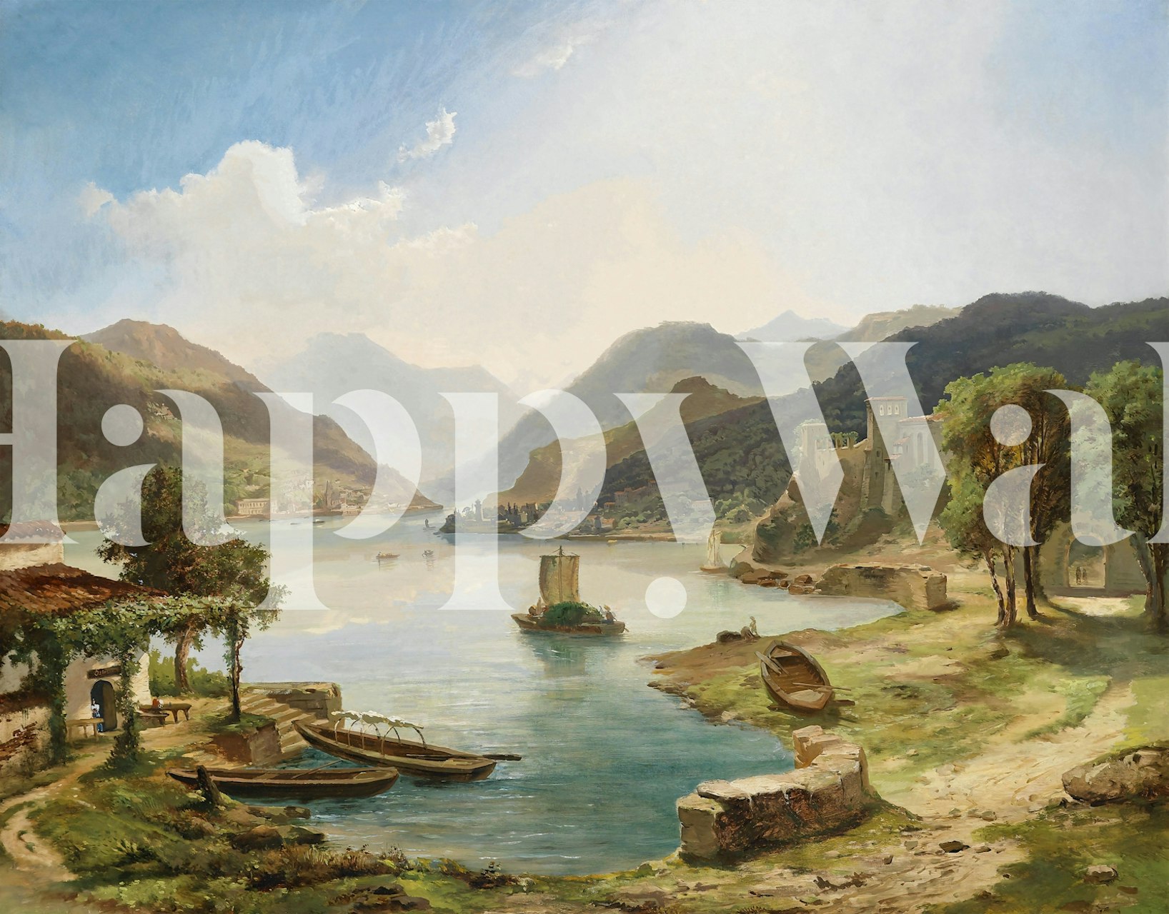 Scenic Italian lake view with mountains, boats, and trees wallpaper