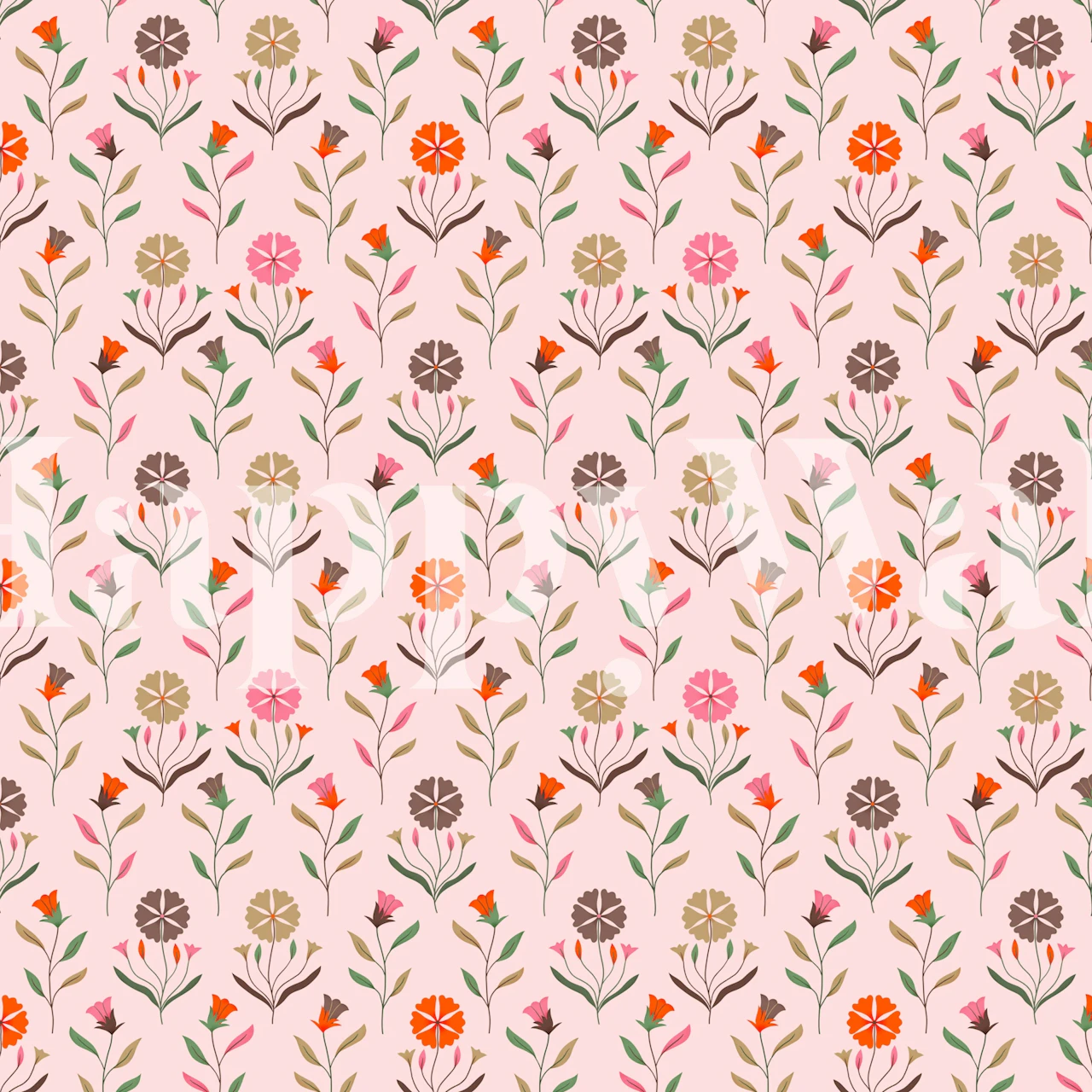 Pink floral design with various flowers and green leaves wallpaper