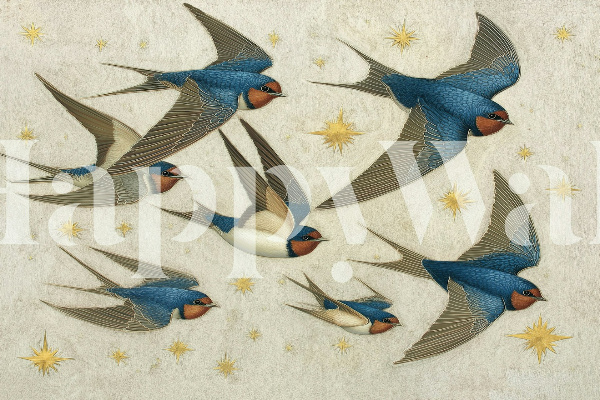 Vintage swallow birds flying among stars in muted tones wallpaper