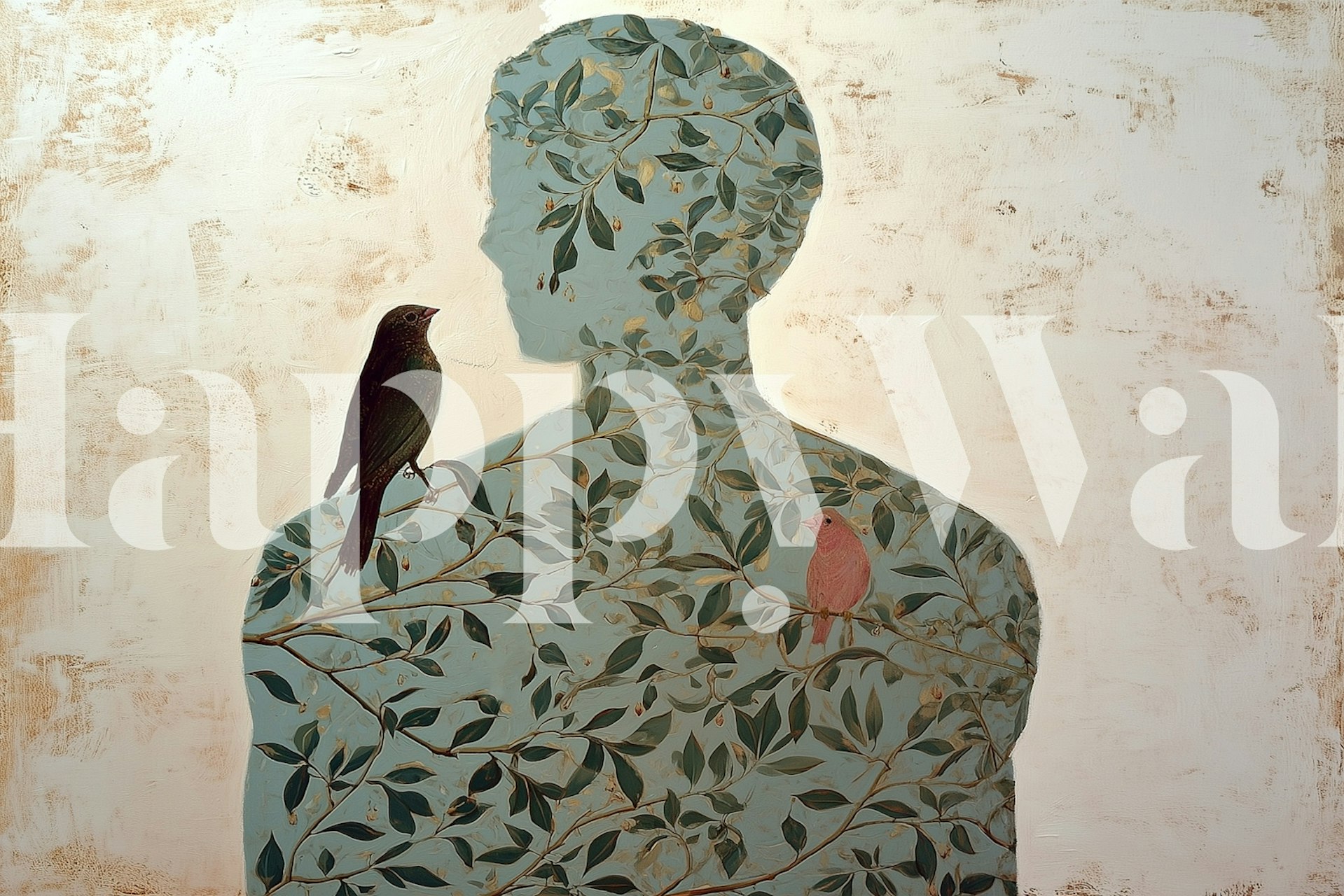 Silhouetted human with birds and foliage wallpaper