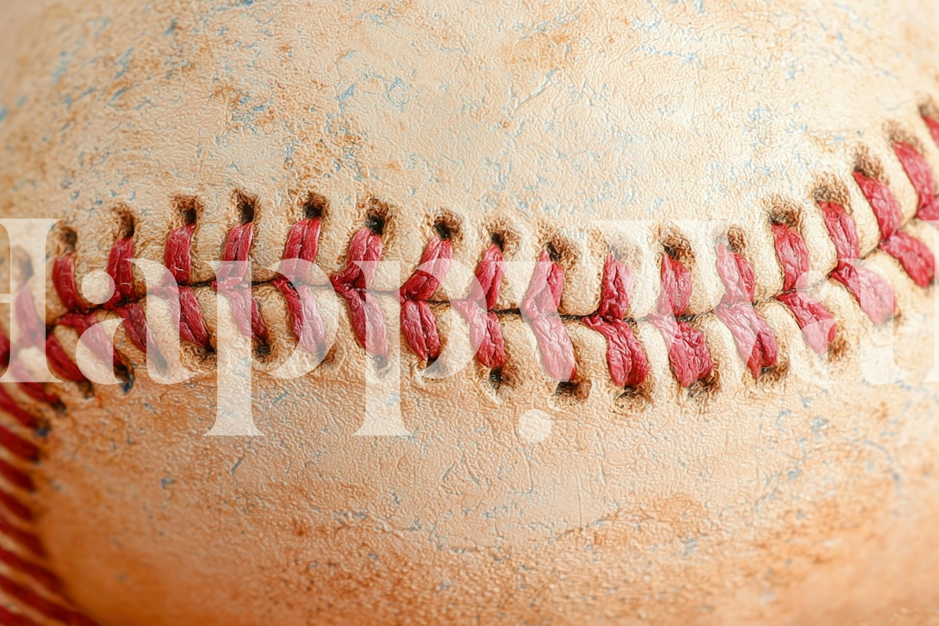 Close-up baseball stitching pattern in red on textured beige wallpaper
