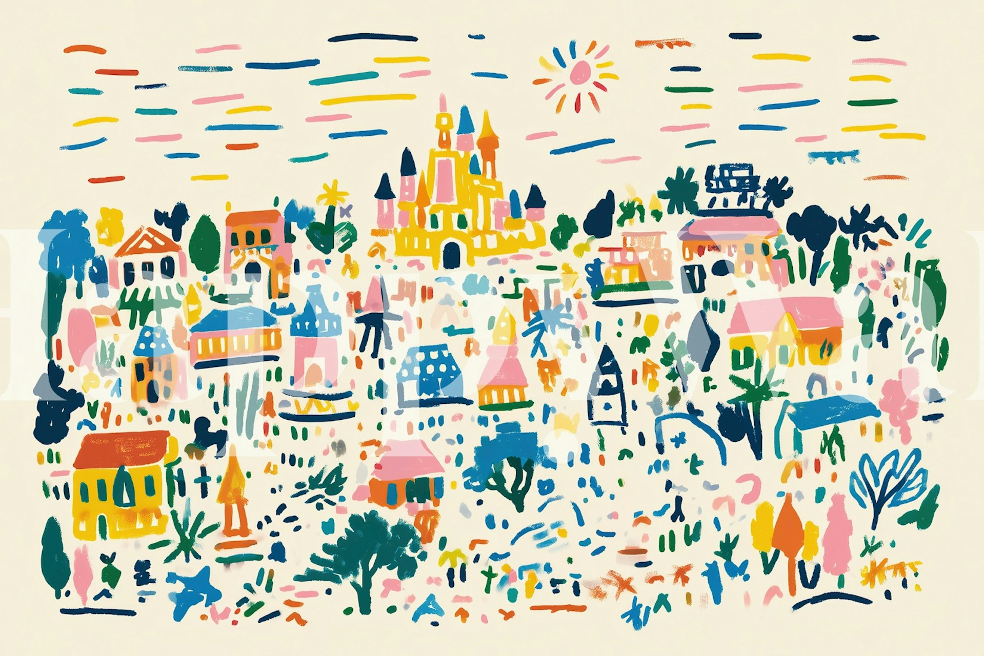 Whimsical Colorful Village wallpaper in a room