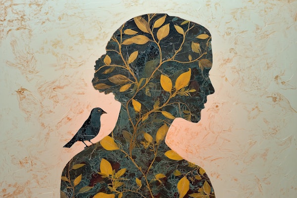 Botanical Silhouette with Bird
