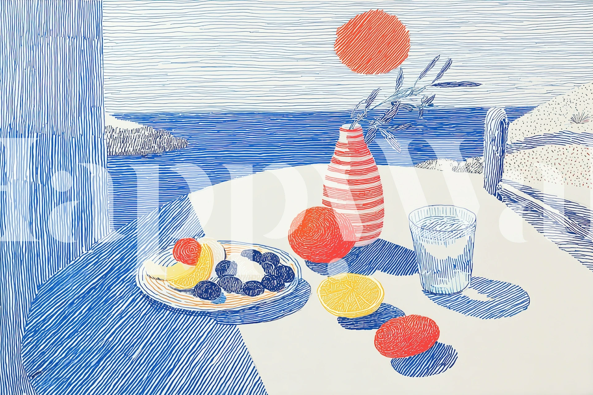 Coastal Sunset Still Life behang weergegeven in een kamer