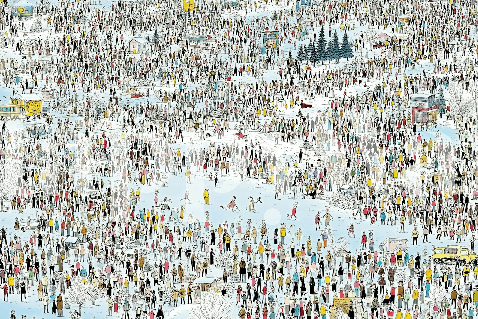 A busy winter crowd in colorful attire on a snowy background wallpaper