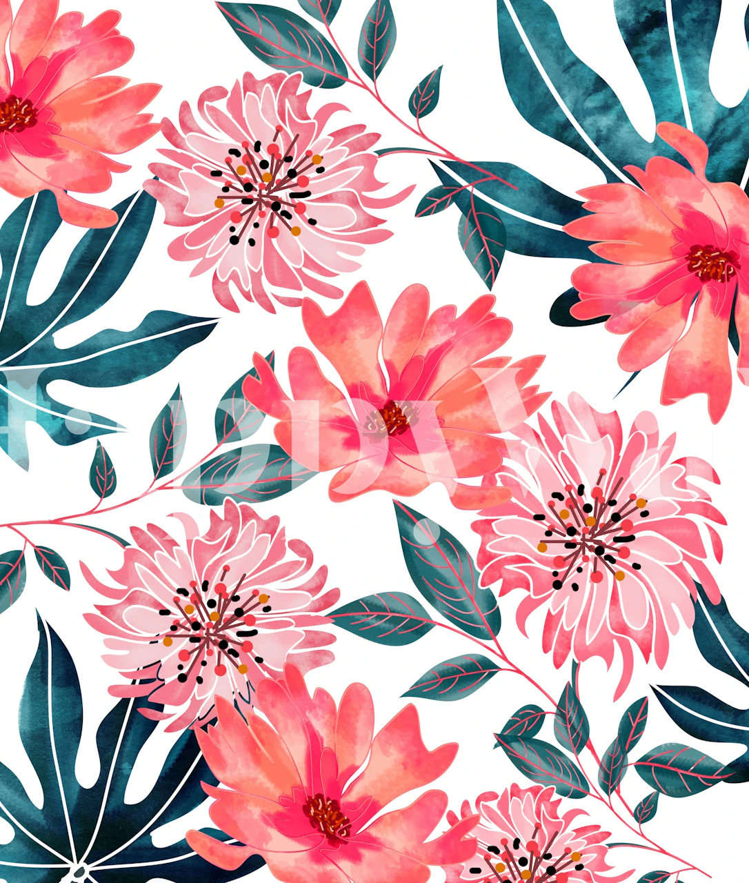 Pink tropical floral wallpaper with green leaves
