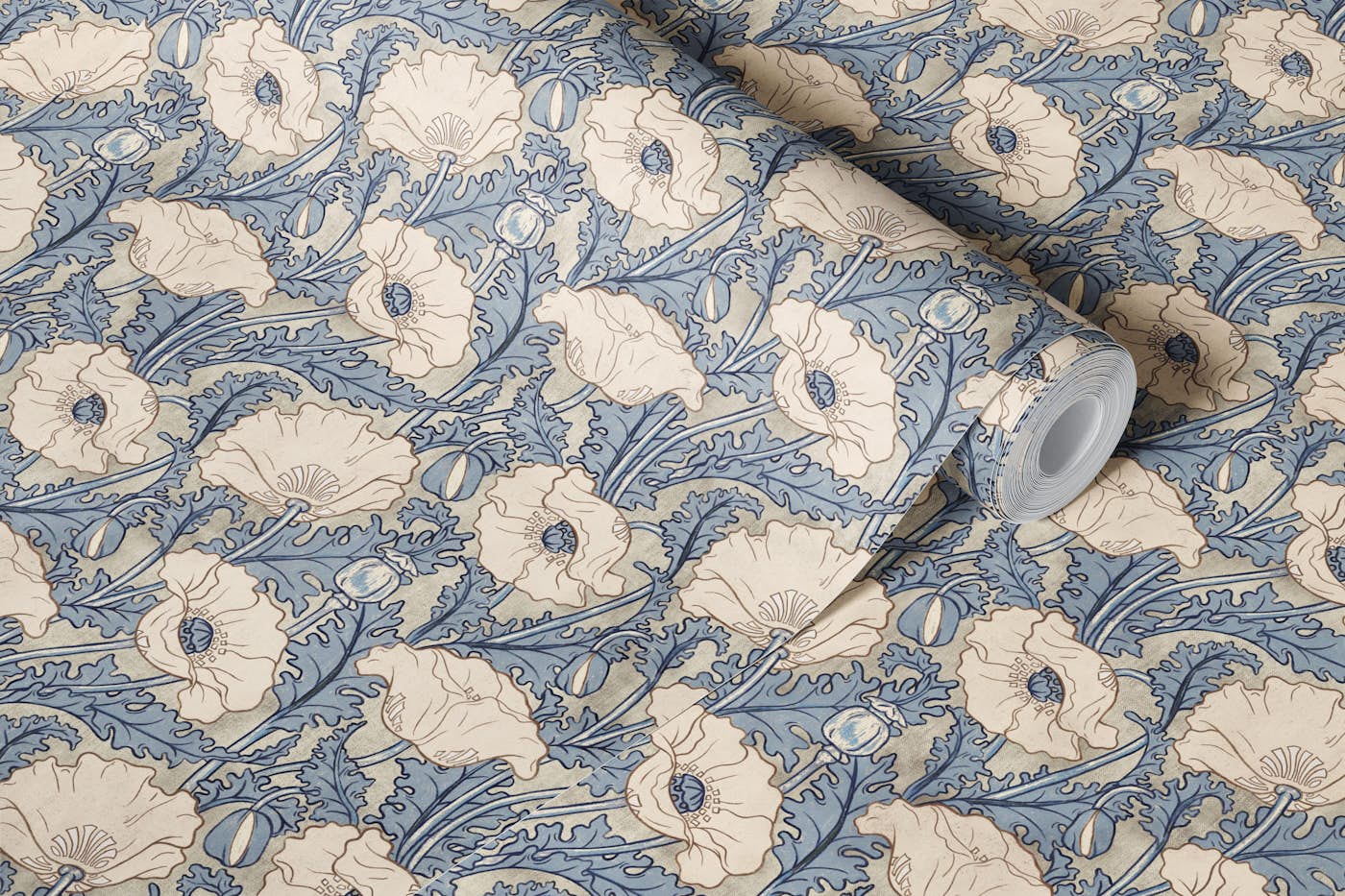 Vintage Poppy in cream slate blue beige grey wallpaper roll