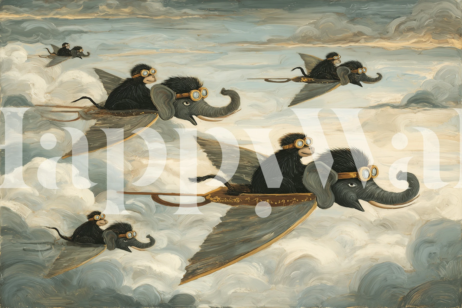 Whimsical wallpaper of flying elephants and monkeys