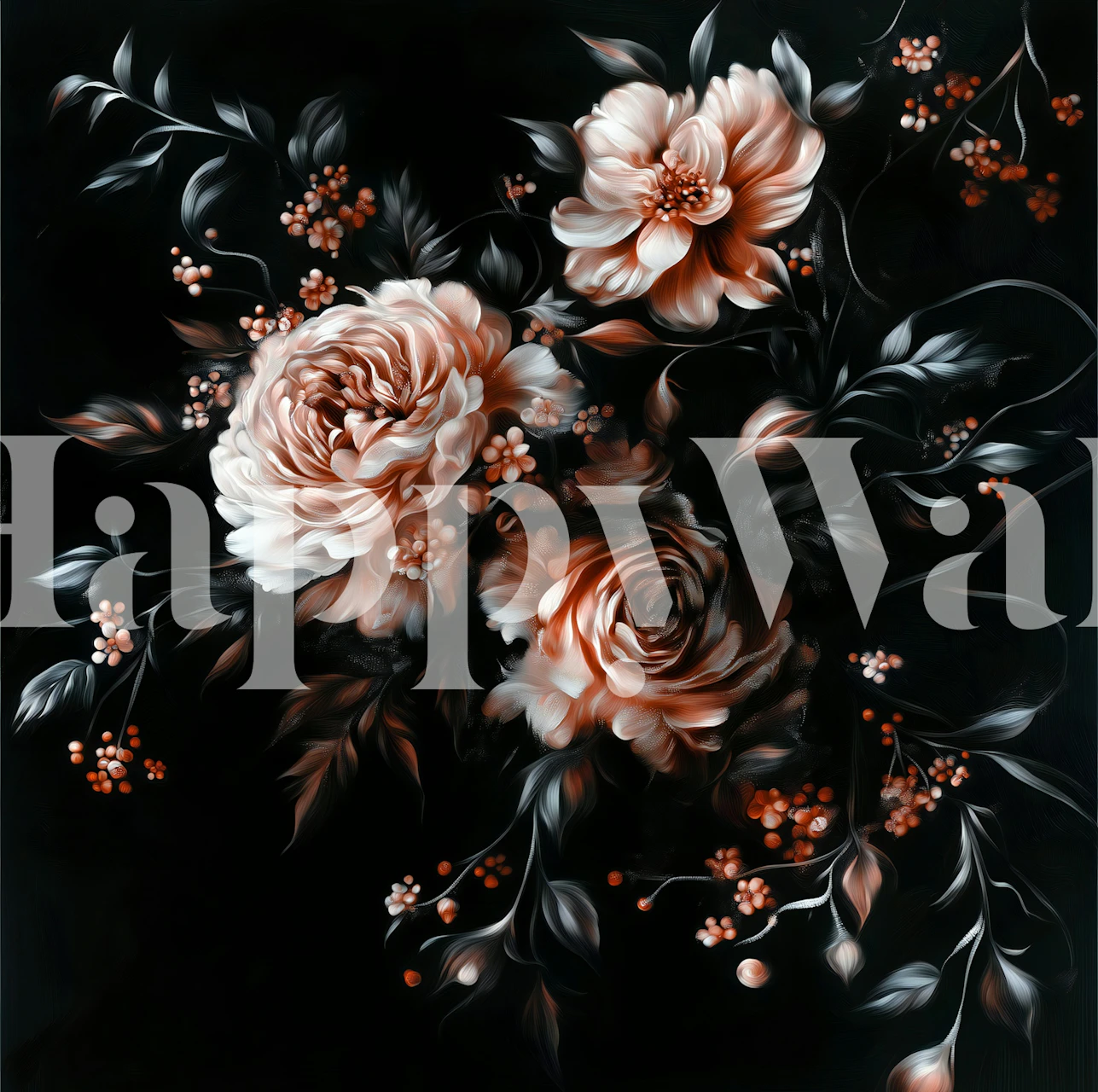 Black floral wallpaper featuring large roses and smaller floral accents
