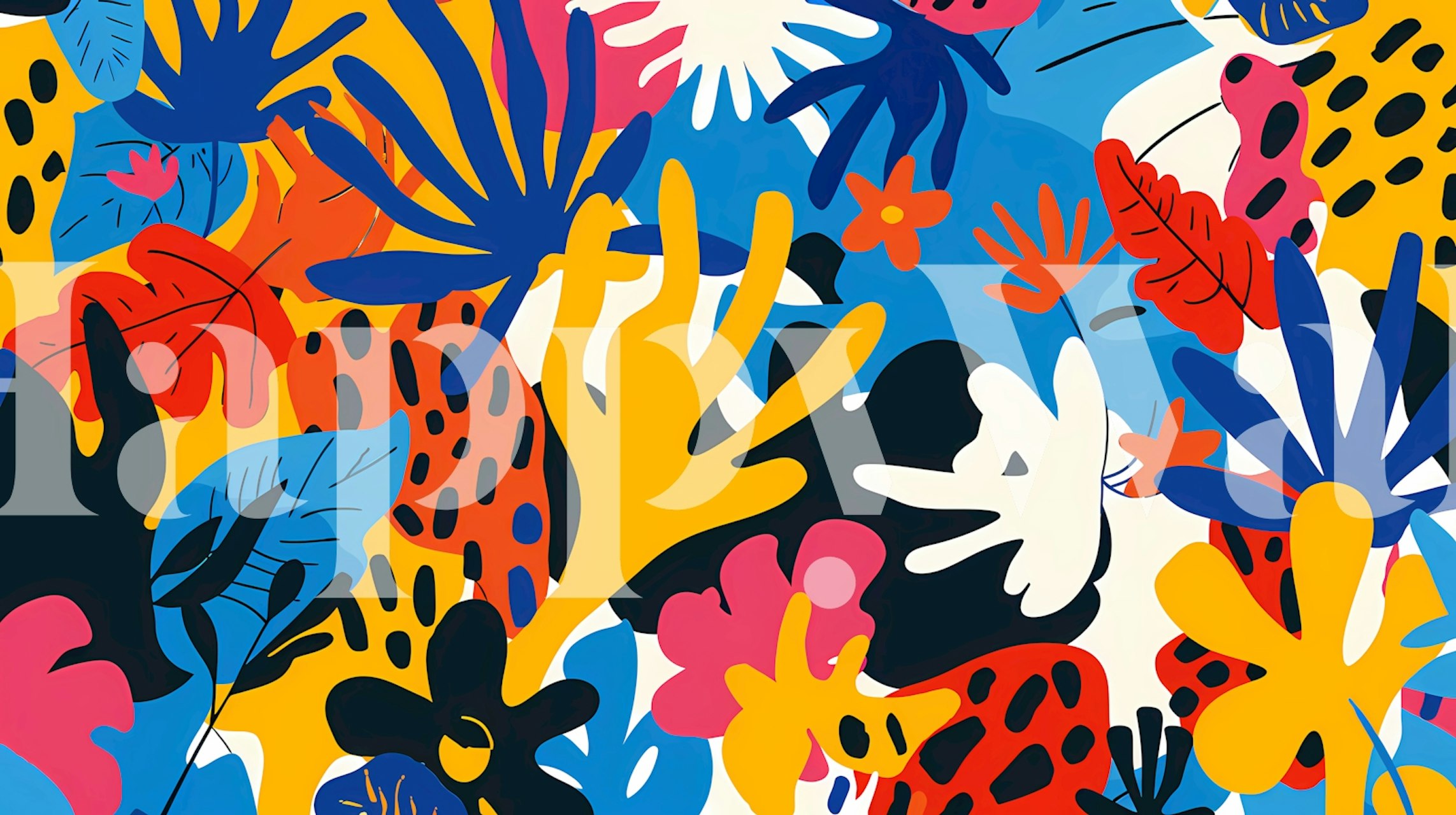 Colorful tropical leaf patterns in bright blue, yellow, and pink wallpaper