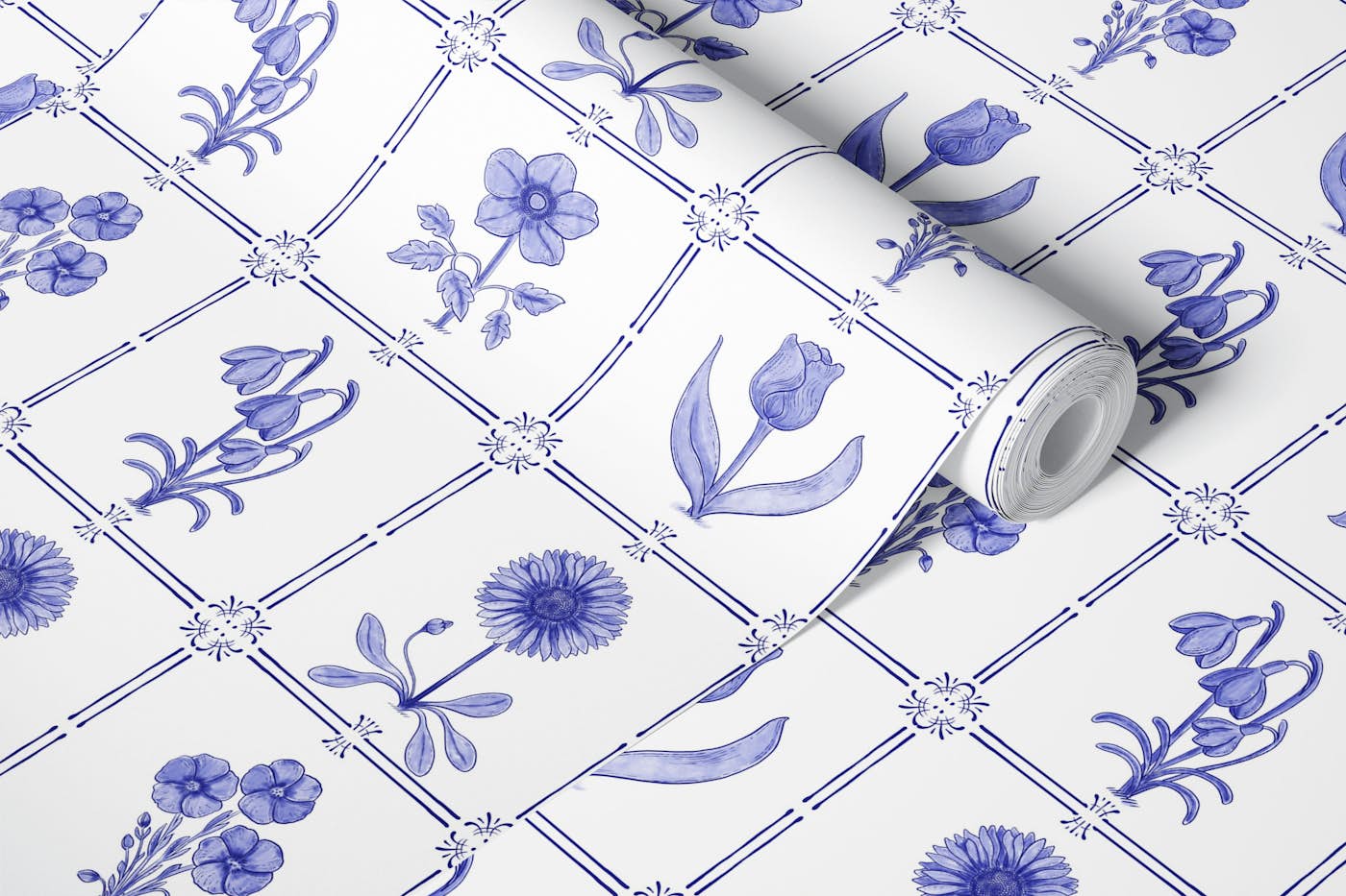 Indigo Blue Delft Floral Dutch Porcelain wallpaper roll