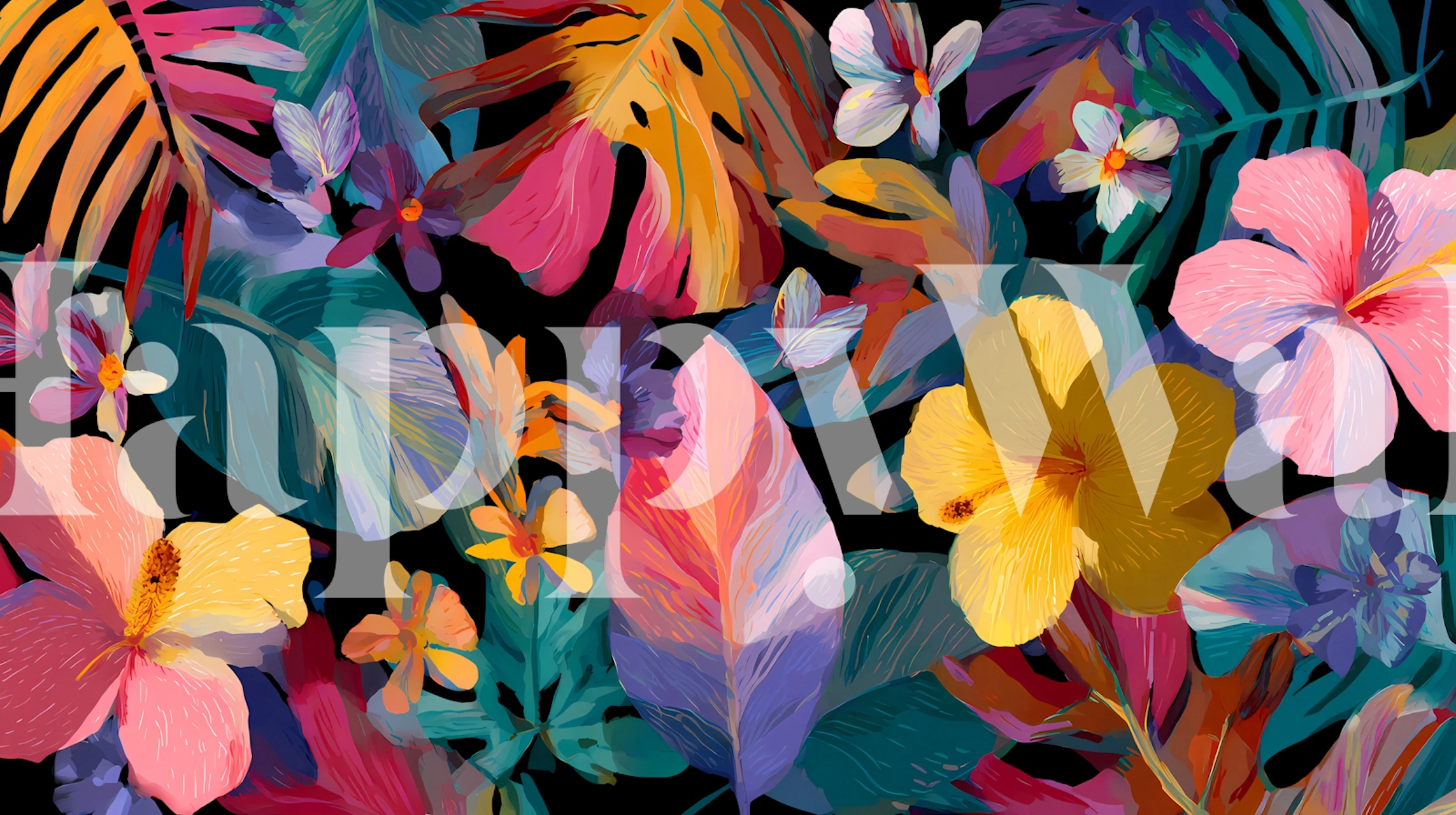 Colorful tropical flowers and leaves on black background wallpaper