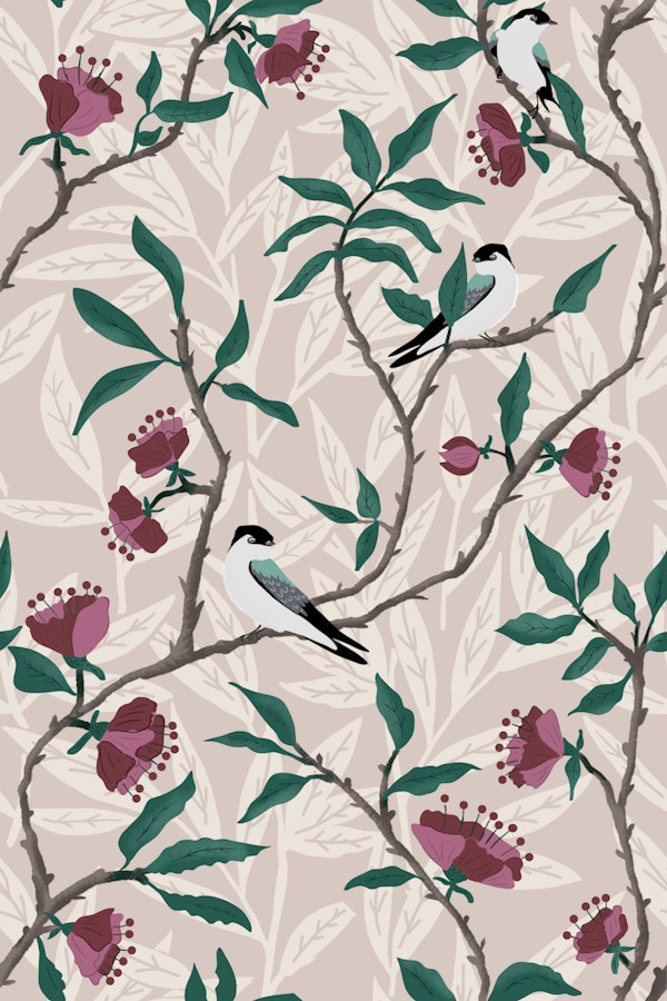 swallows branches & flowers on beige - M