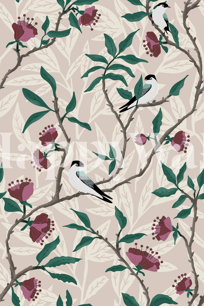 Behang Swallows and flowers in een kamer