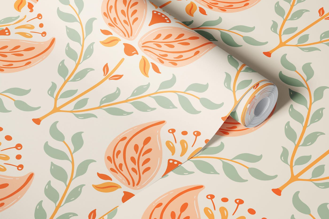 Bella - Whimsical Floral - Peach Sage Green wallpaper roll