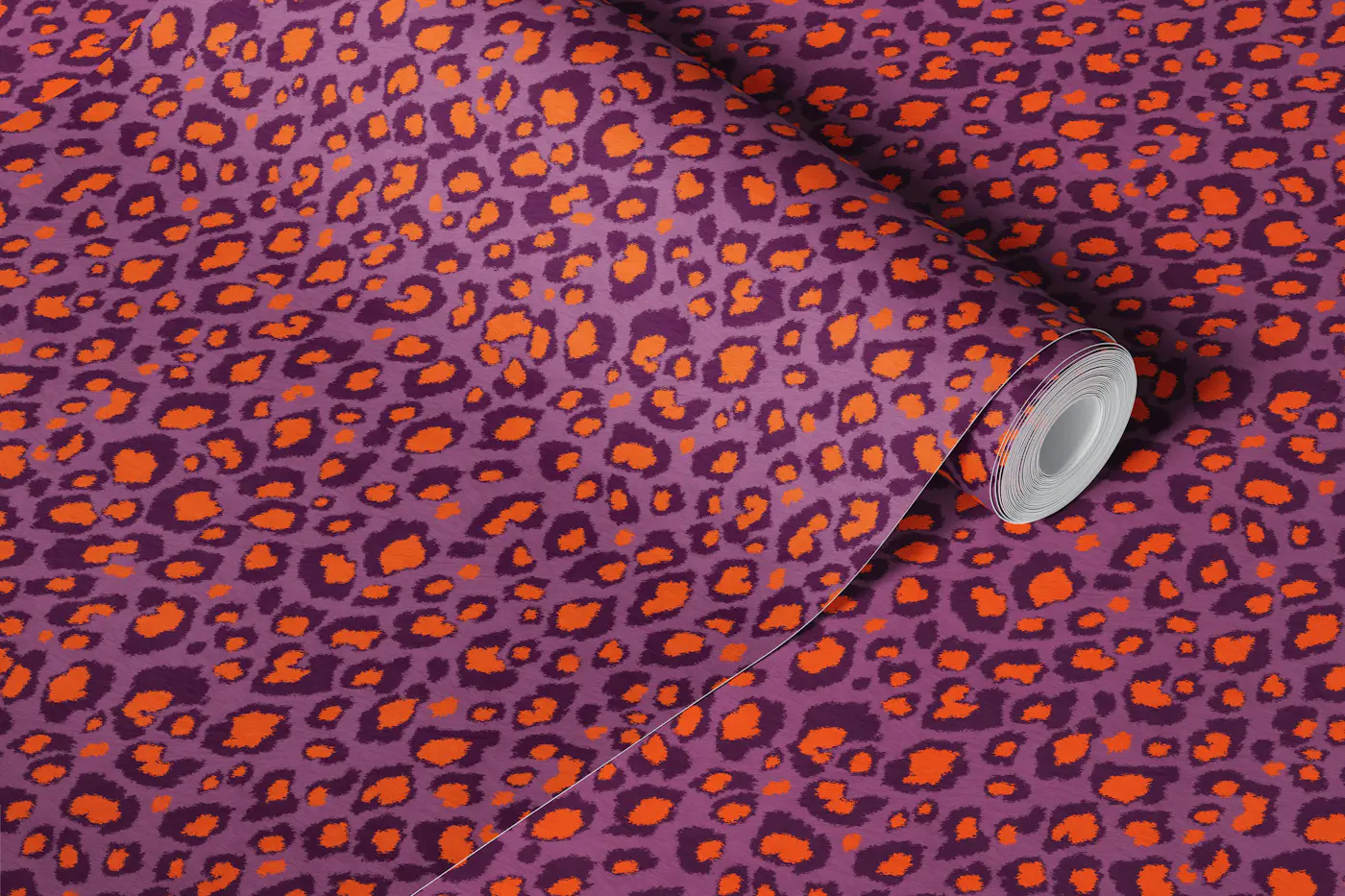 Leopard in Orange Purple Mauve Pink wallpaper roll