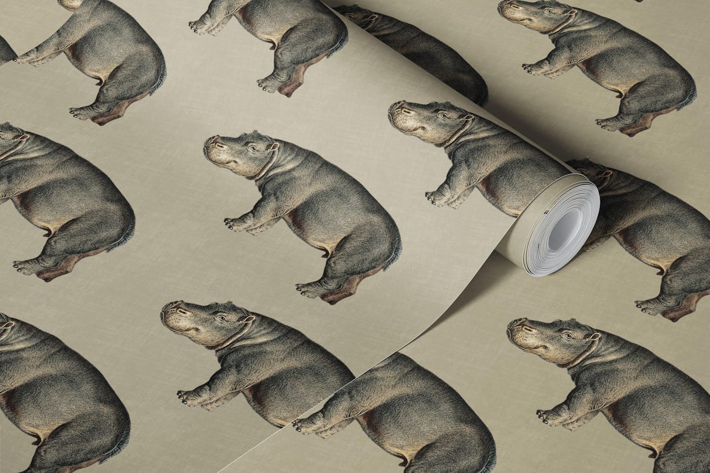 Vintage Hippos on Khaki Beige Linen wallpaper roll