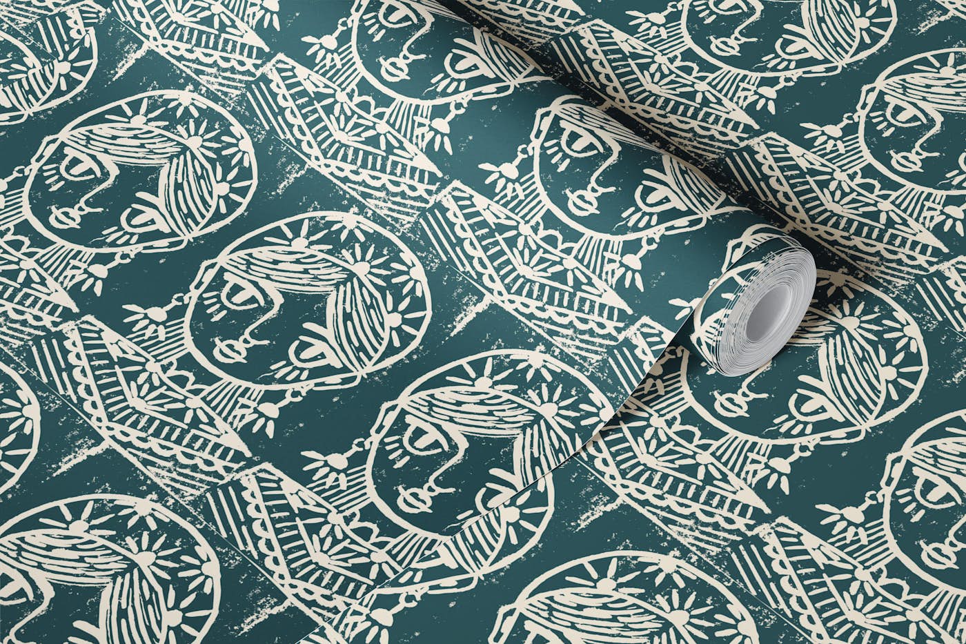 Bohemian Linocut Faces Folk Art in Dark Teal wallpaper roll
