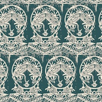 Bohemian Linocut Faces Folk Art in Dark Teal tapete