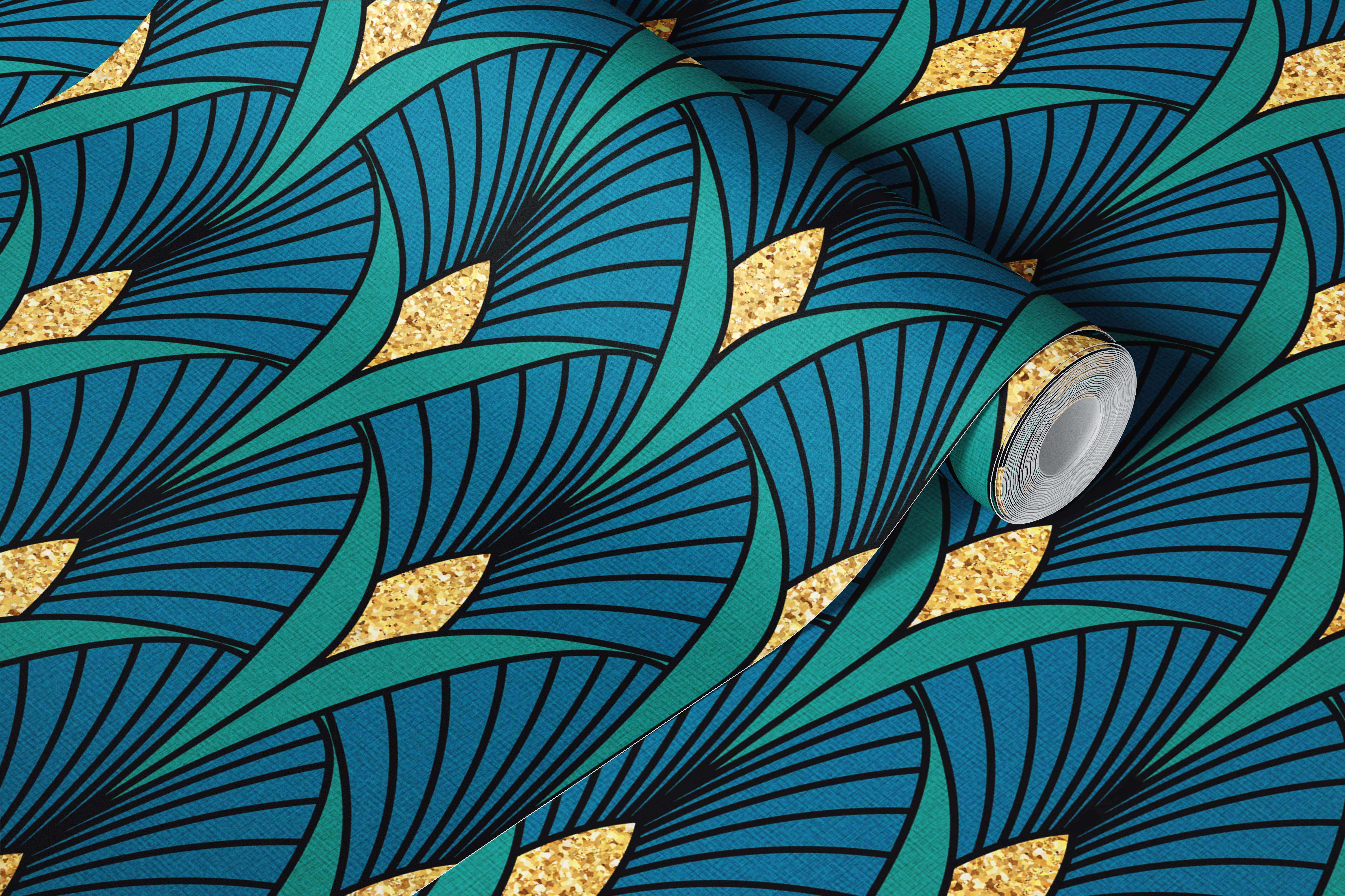 Teal and gold fan pattern geometric wallpaper