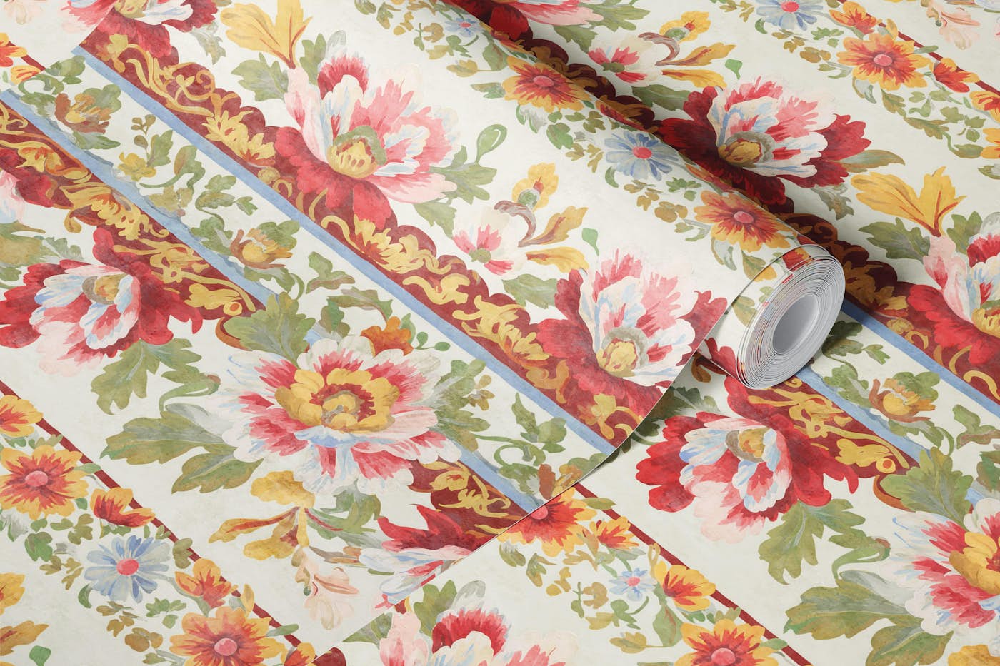Heritage Flower Tapestry on White wallpaper roll