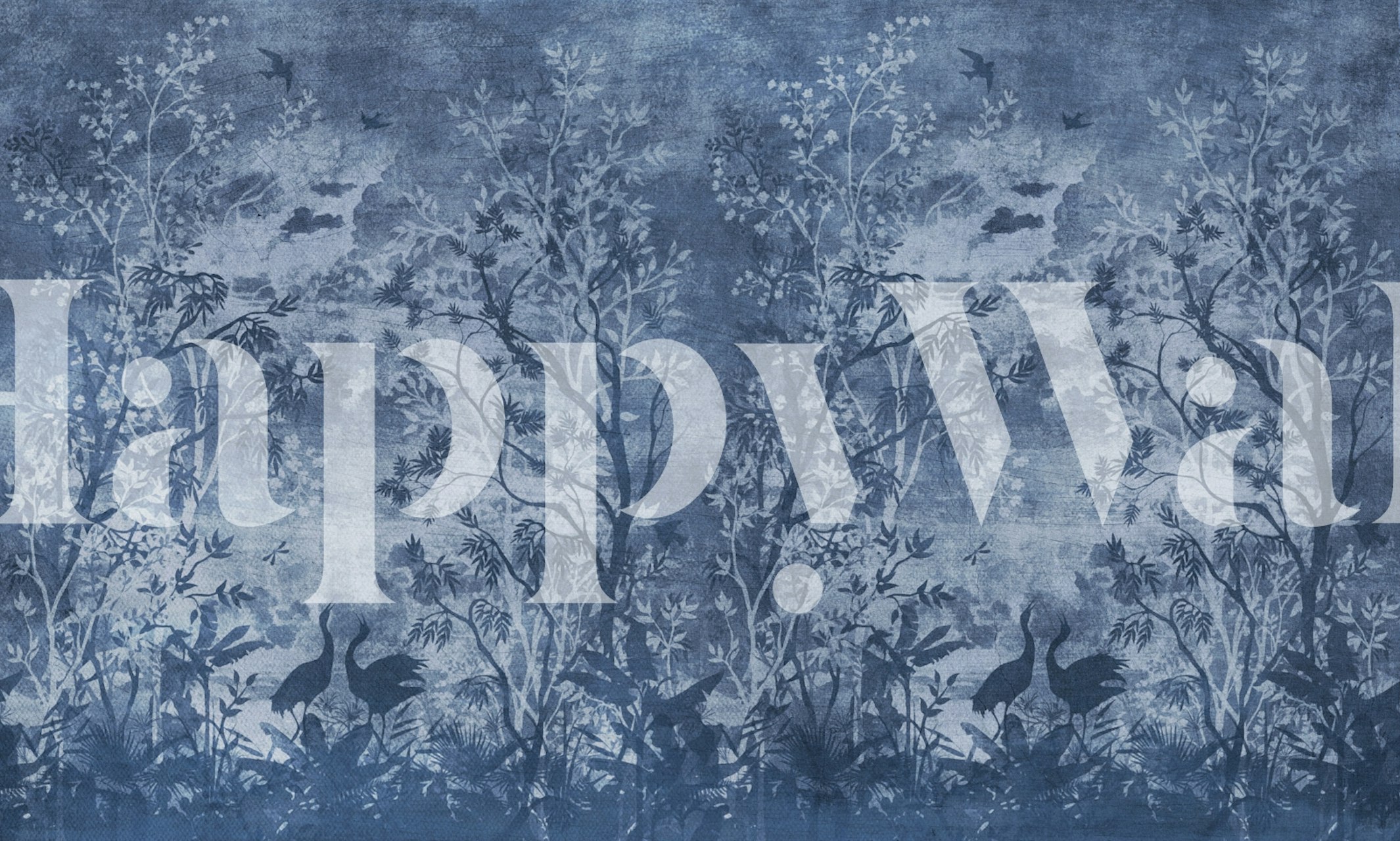 Floral and trees design in blue tones wallpaper