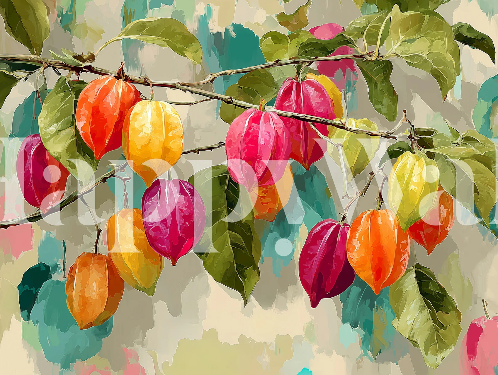 Vibrant carambola harvest wallpaper design in a room
