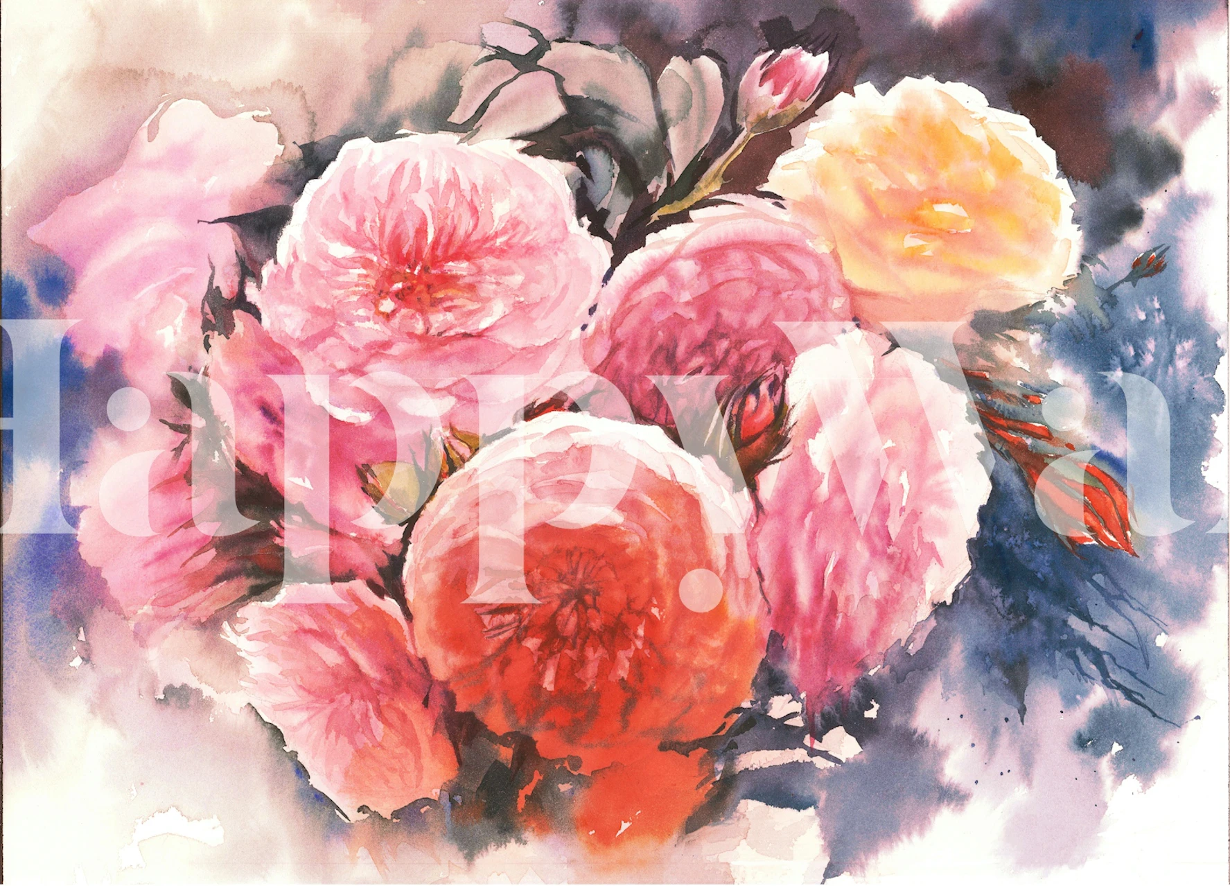 Watercolor floral wallpaper with pink, orange, and yellow flowers against a soft background.