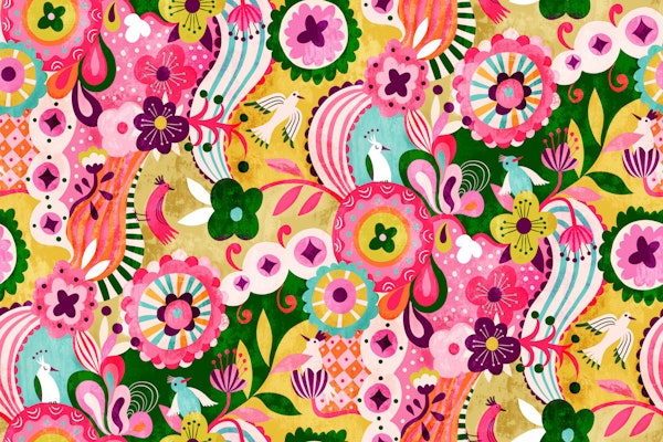 Whimsical Birds Vibrant Florals Pink and Gold