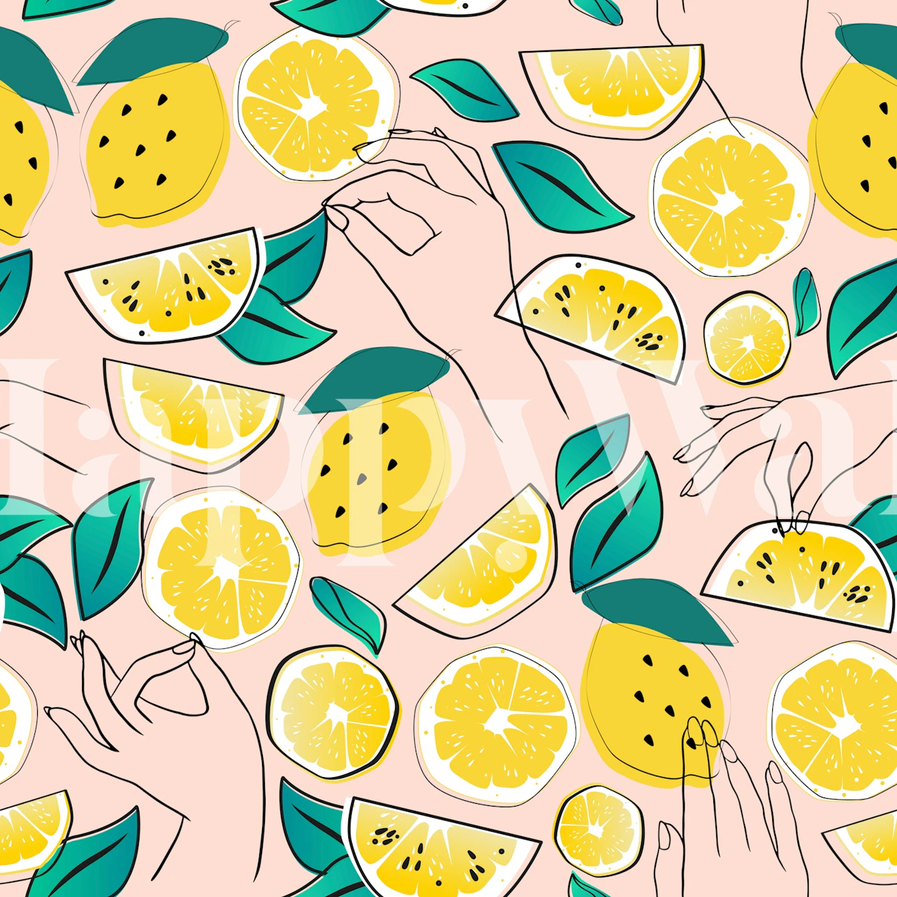 Yellow lemon slices and green leaves with hands wallpaper