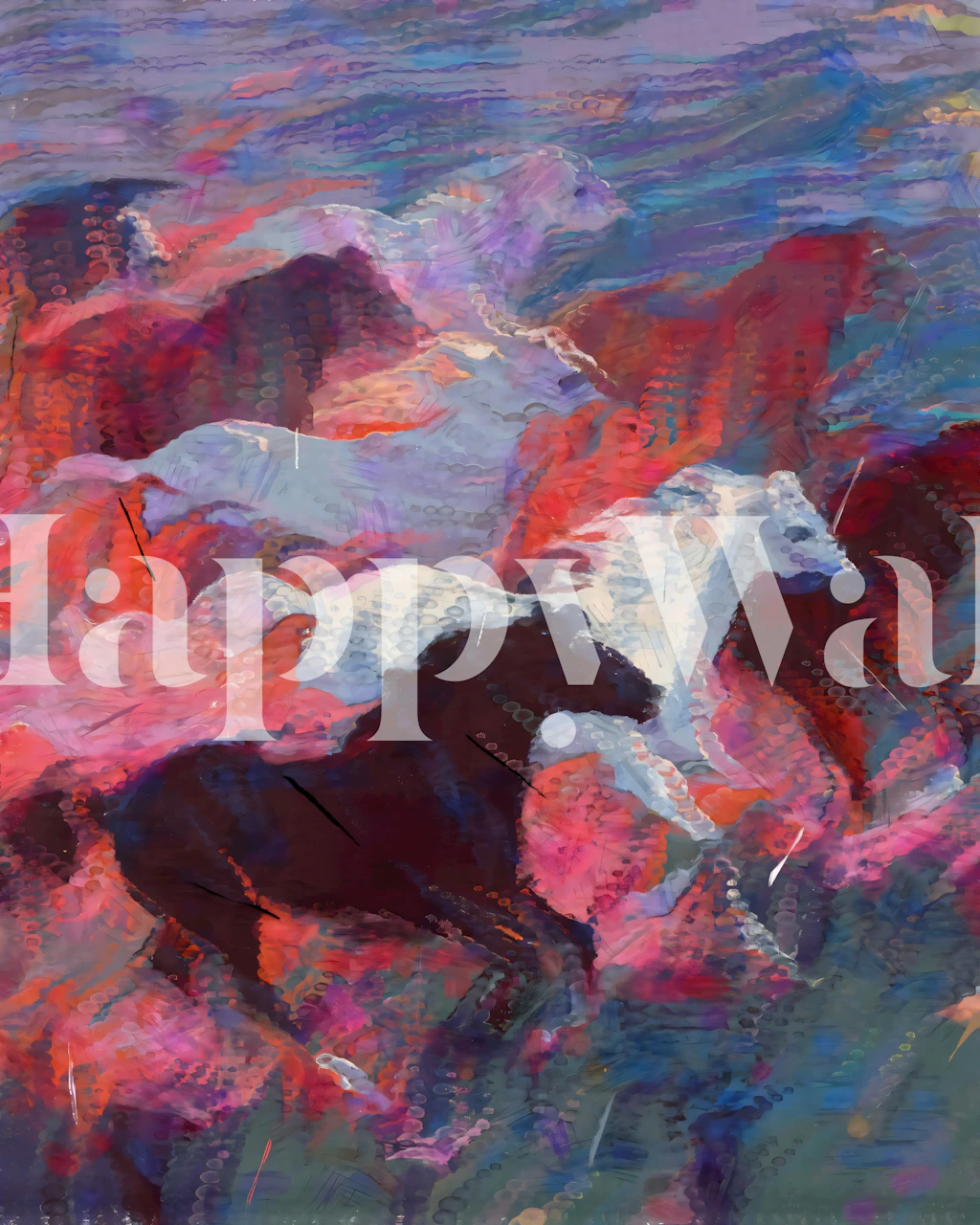 Abstract horses in motion with pink, red, and blue colors, vibrant wallpaper