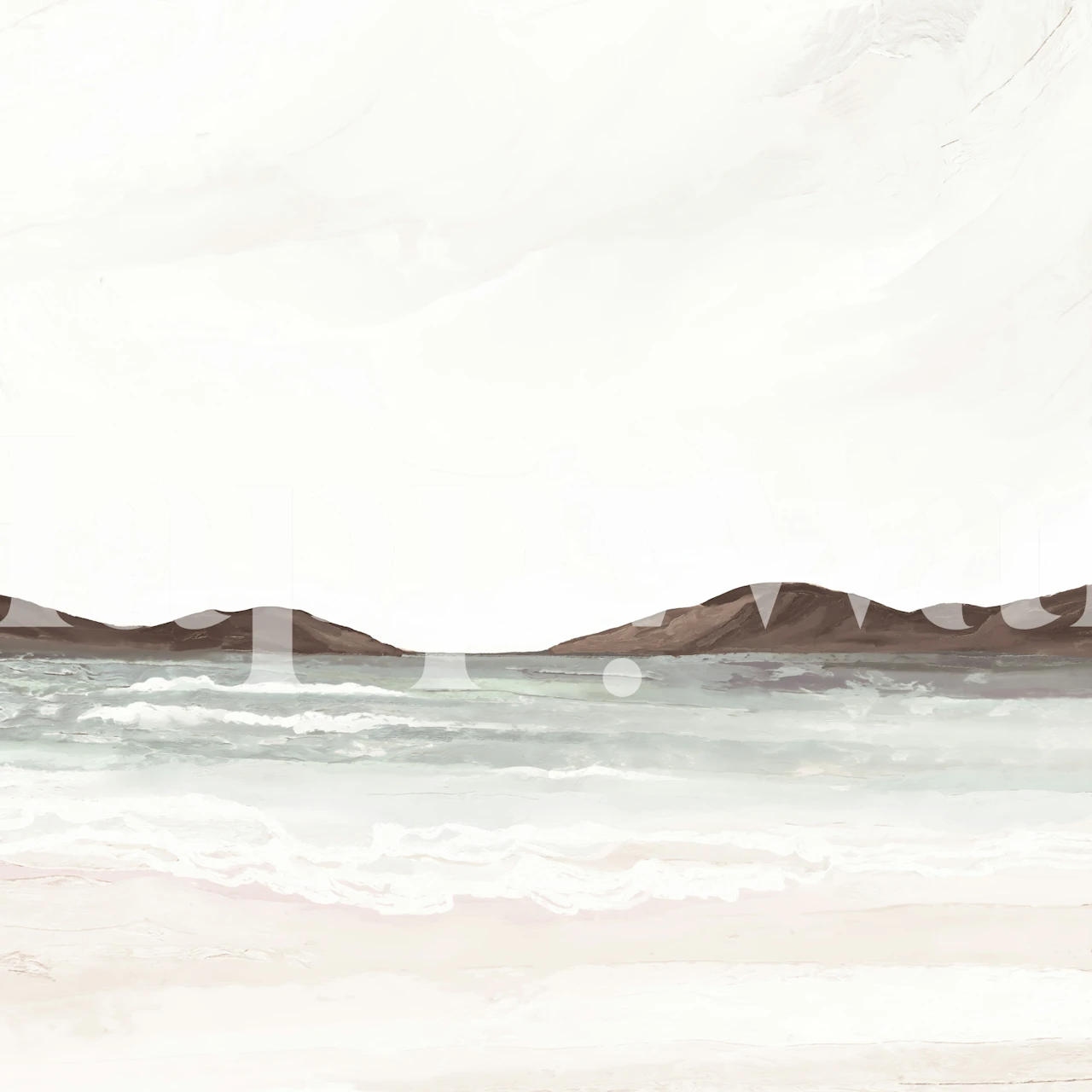 Coastal landscape with gentle waves and mountains in muted colors wallpaper