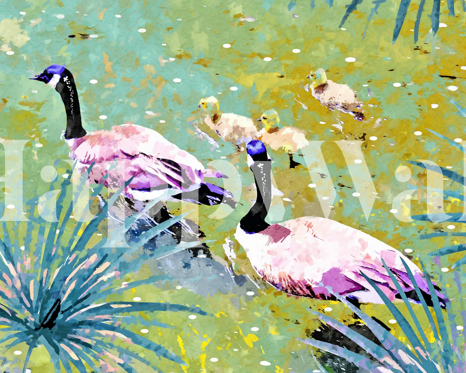 Watercolor ducks in a pond with green foliage wallpaper