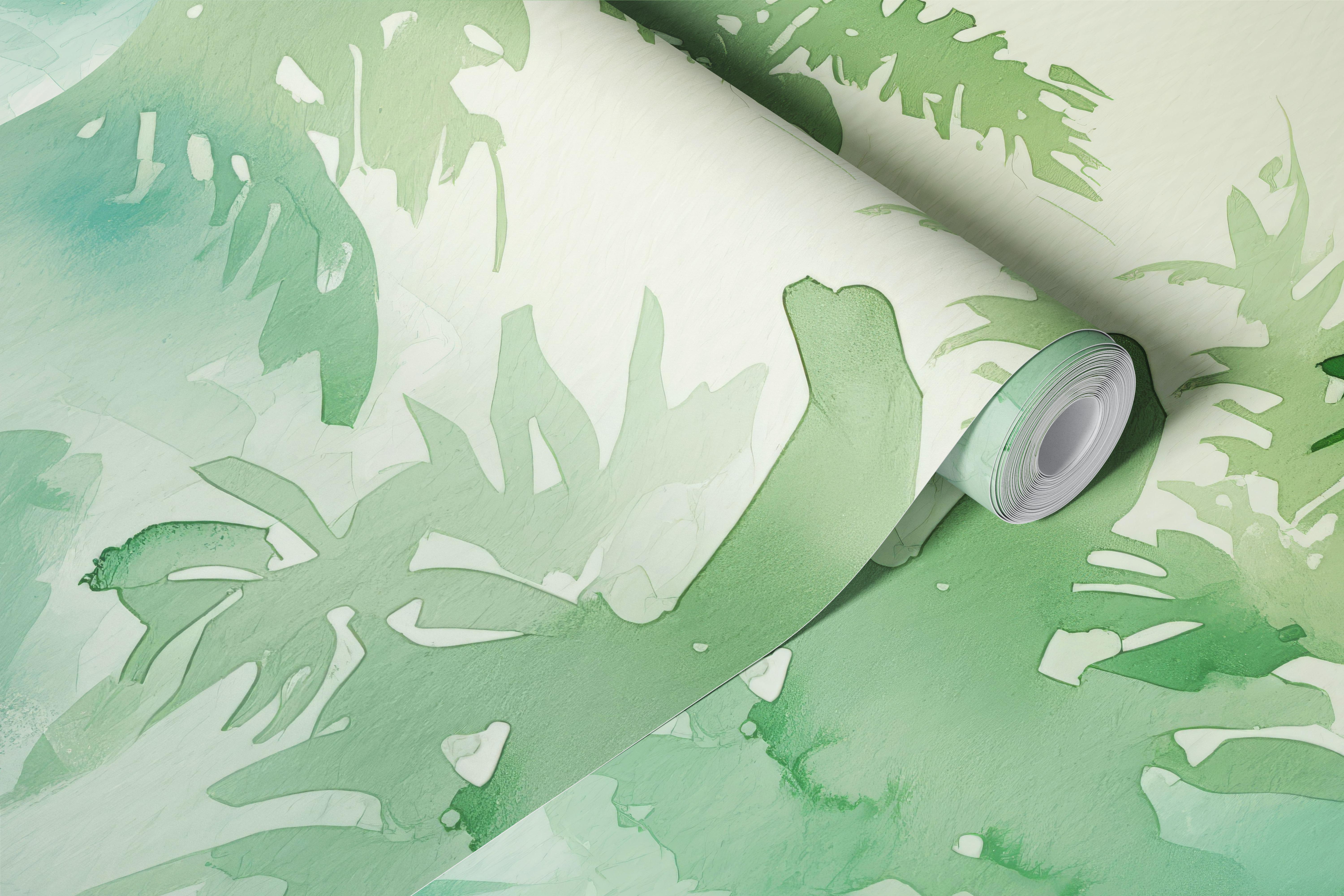 Tropical green foliage in a soft pastel background wallpaper