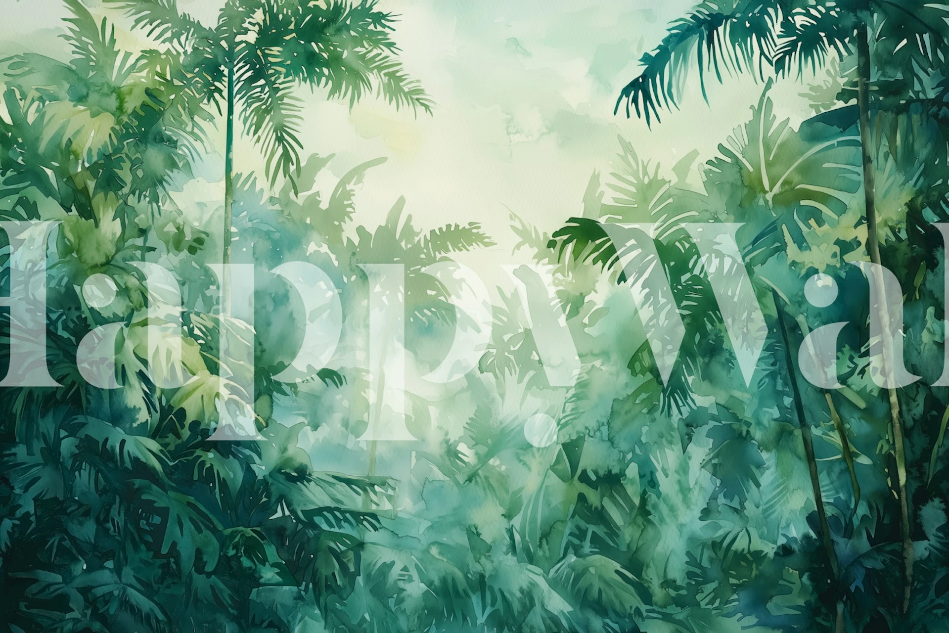 Tropical green foliage in a soft pastel background wallpaper